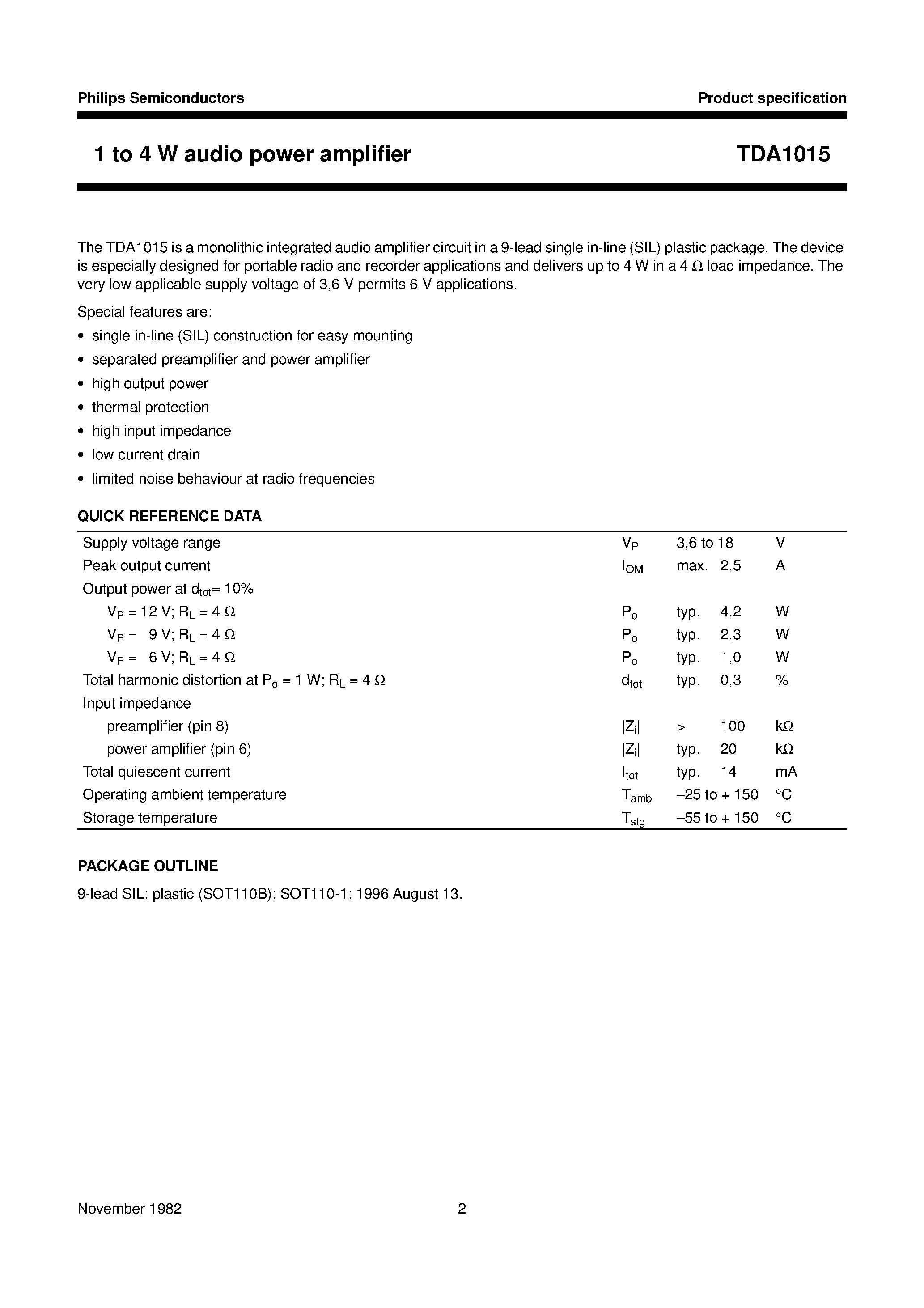 Datasheet TDA1015 page 2 Datasheet TDA1015 - 1 to 4 W audio power amplifier page 2