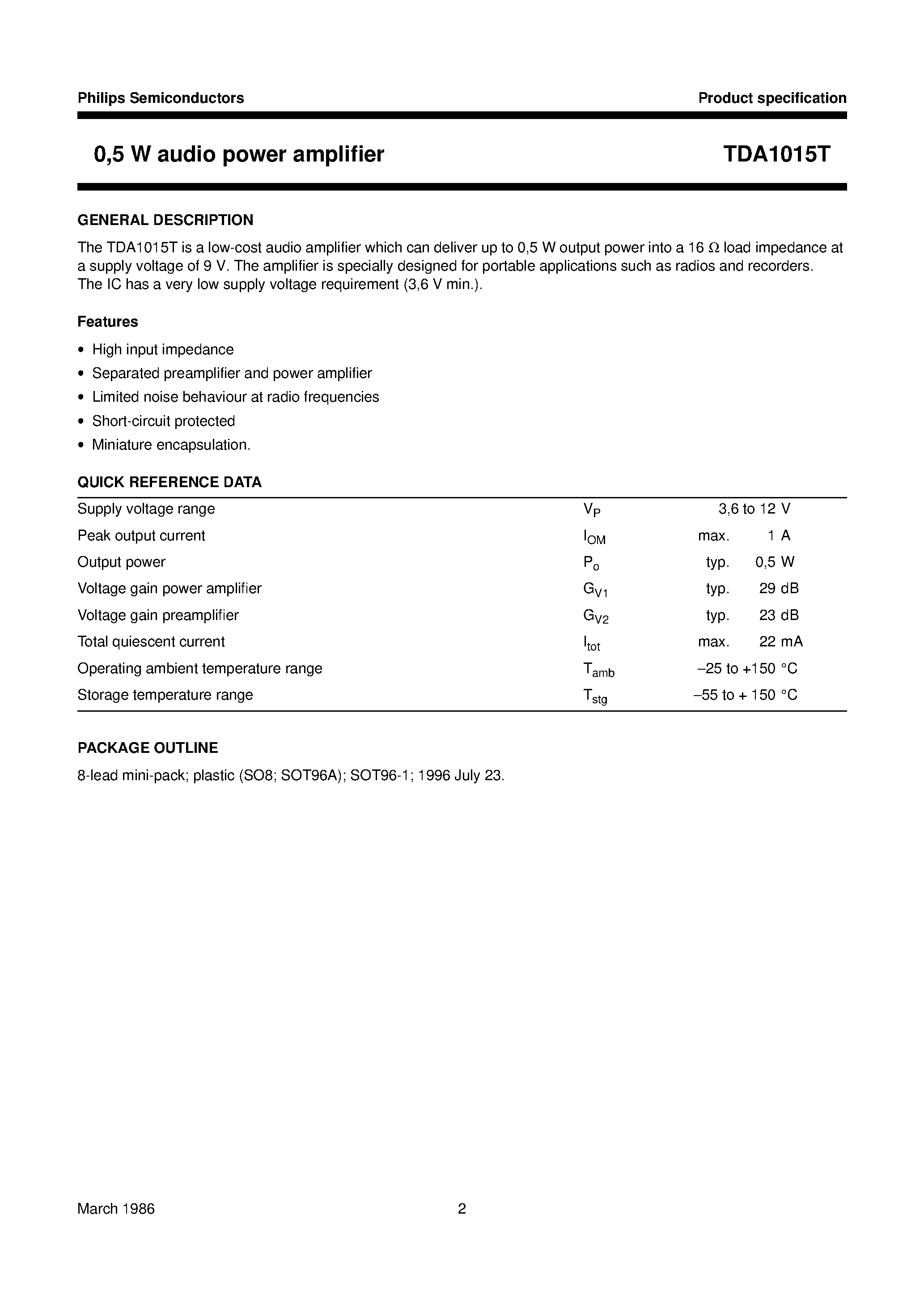 Datasheet TDA1015T page 2 Datasheet TDA1015T - 0/5 W audio power amplifier page 2