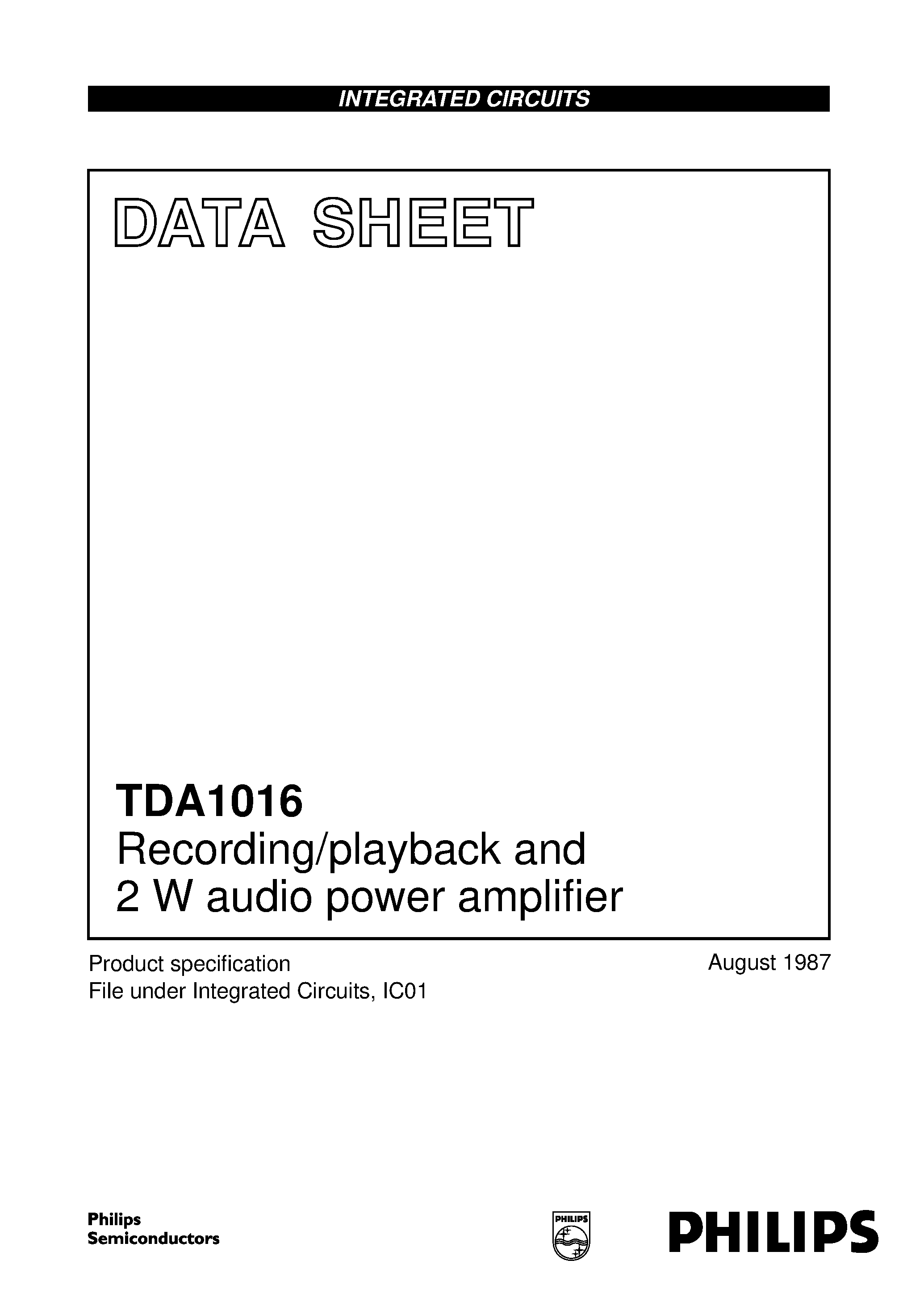 Даташит TDA1016 - Recording/playback and 2 W audio power amplifier страница 1
