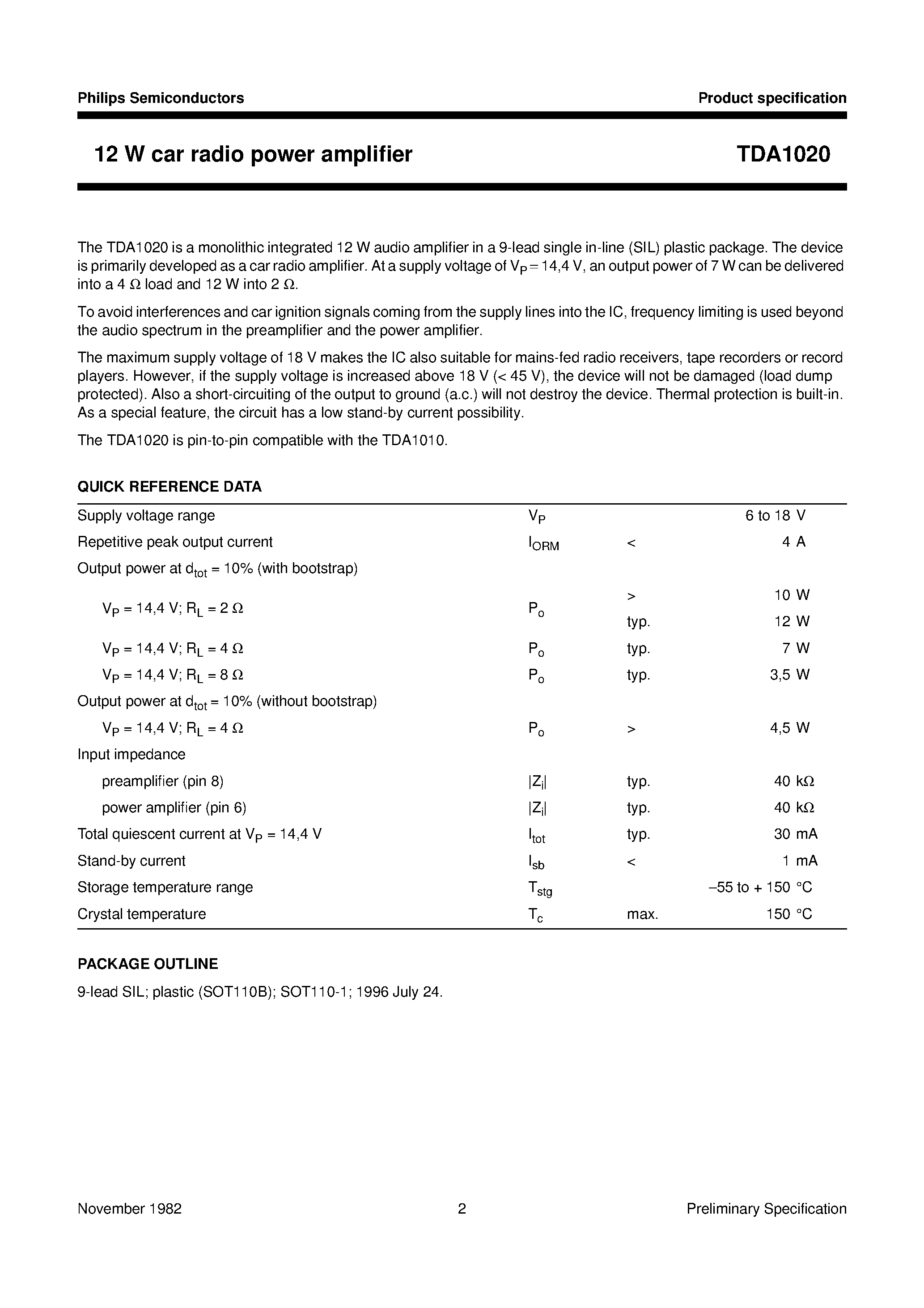 Datasheet TDA1020 page 2 Datasheet TDA1020 - 12 W car radio power amplifier page 2