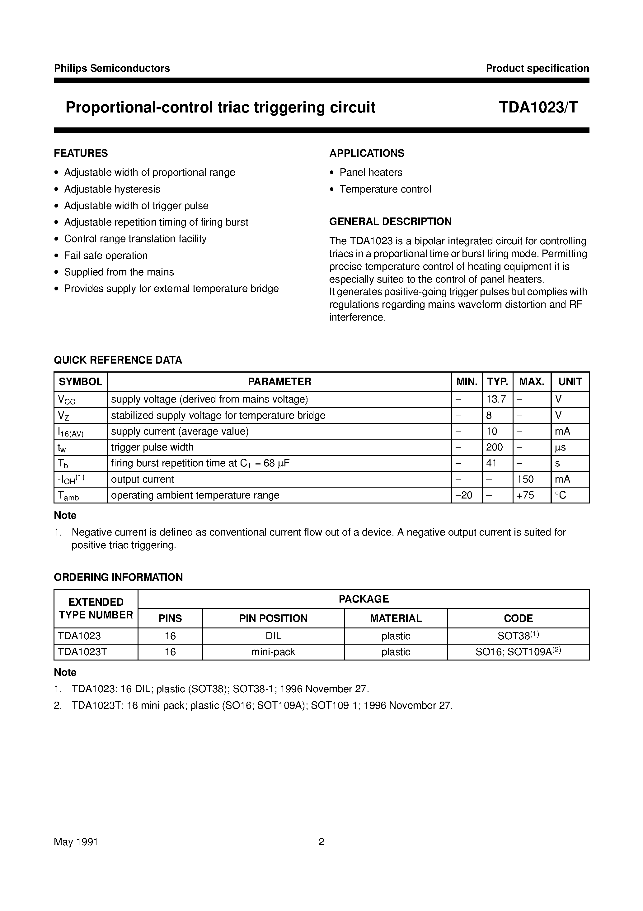 Datasheet TDA1023T page 2 Datasheet TDA1023T - Proportional-control triac triggering circuit page 2
