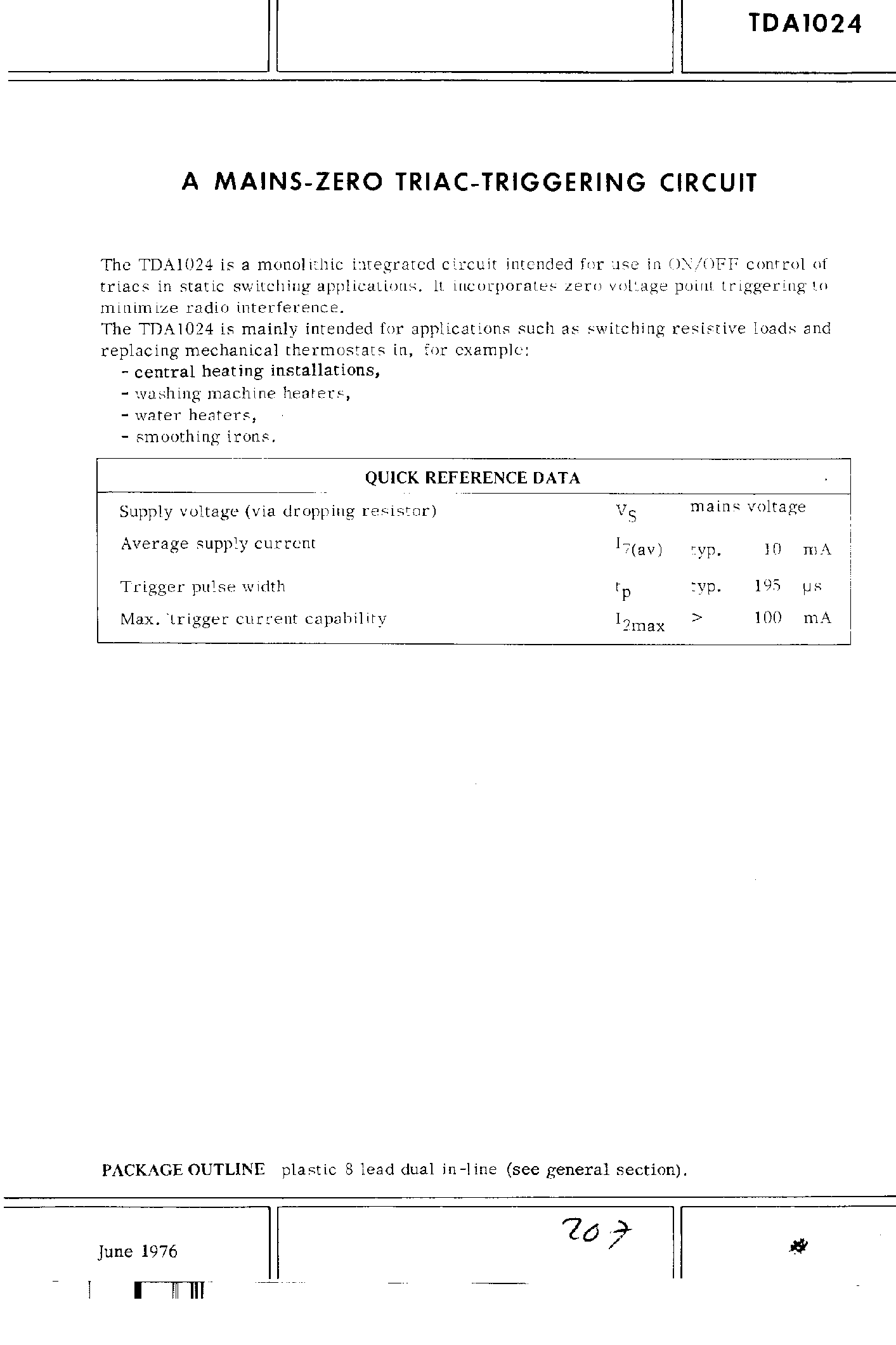 Datasheet TDA1024 page 1 Datasheet TDA1024 - A MAIN-ZERO TRIAC-TRIGGERING CIRCUIT page 1