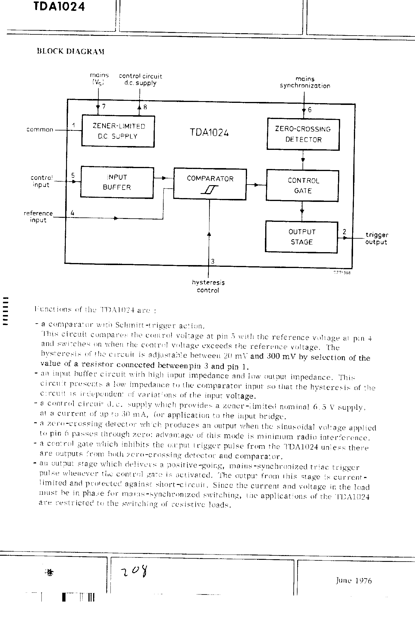 Datasheet TDA1024 page 2 Datasheet TDA1024 - A MAIN-ZERO TRIAC-TRIGGERING CIRCUIT page 2