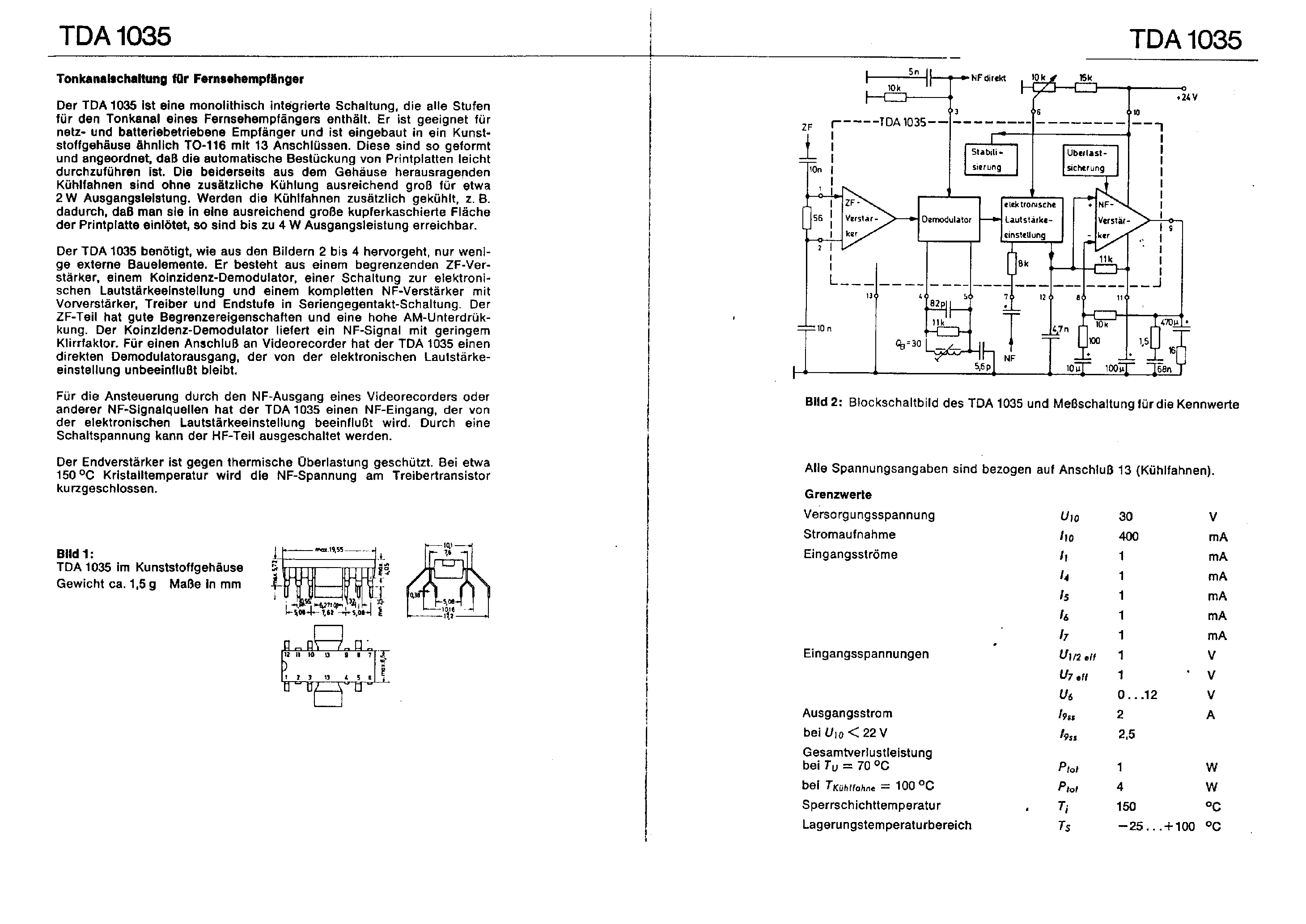 Даташит на микросхему TDA1035 страница 1 Даташит TDA1035 - Tonkanaischaltung fur Fernsehempfanger страница 1