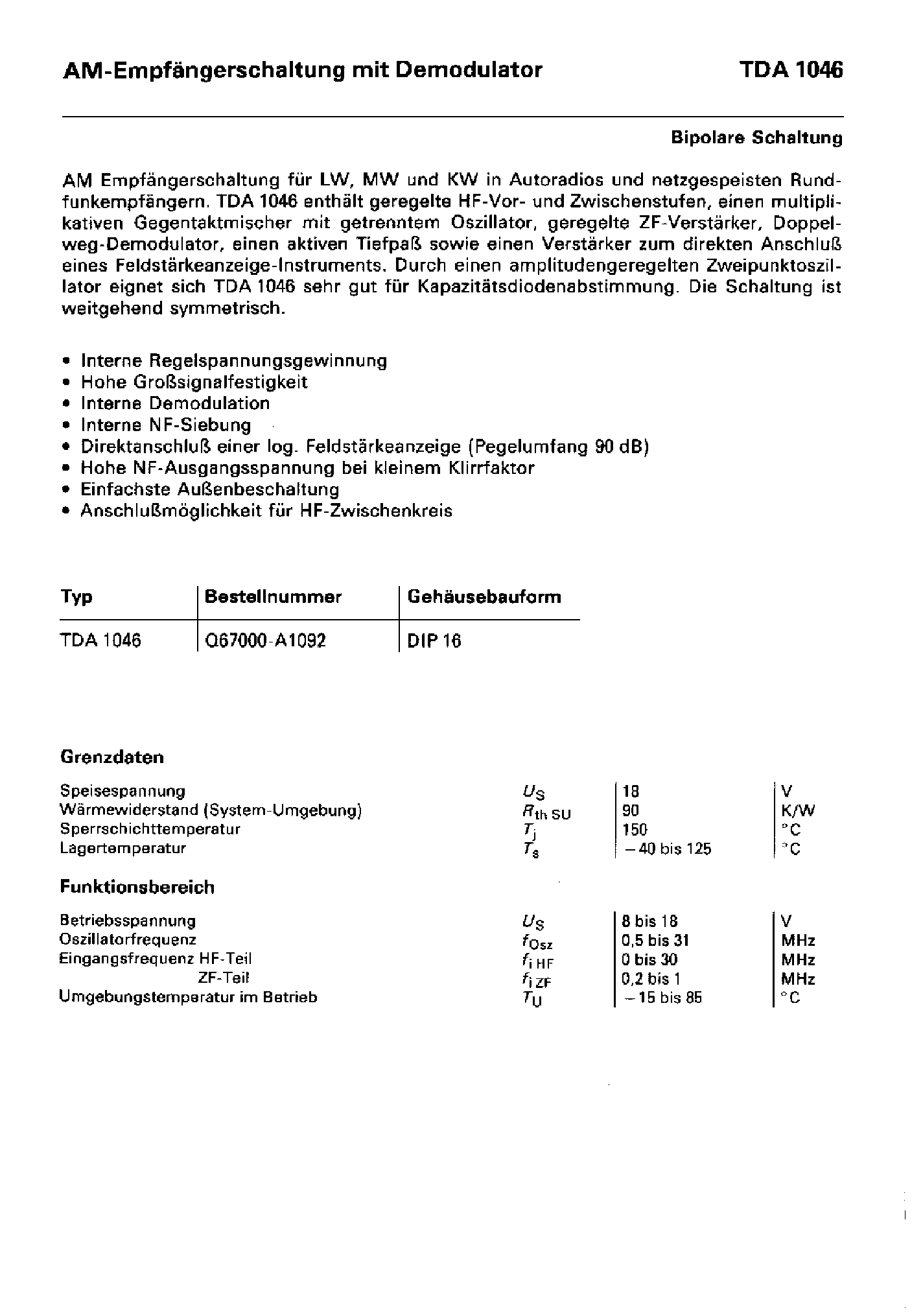 Datasheet TDA1046 page 1 Datasheet TDA1046 - AM-Empfangerschaltung mit Demodulator page 1