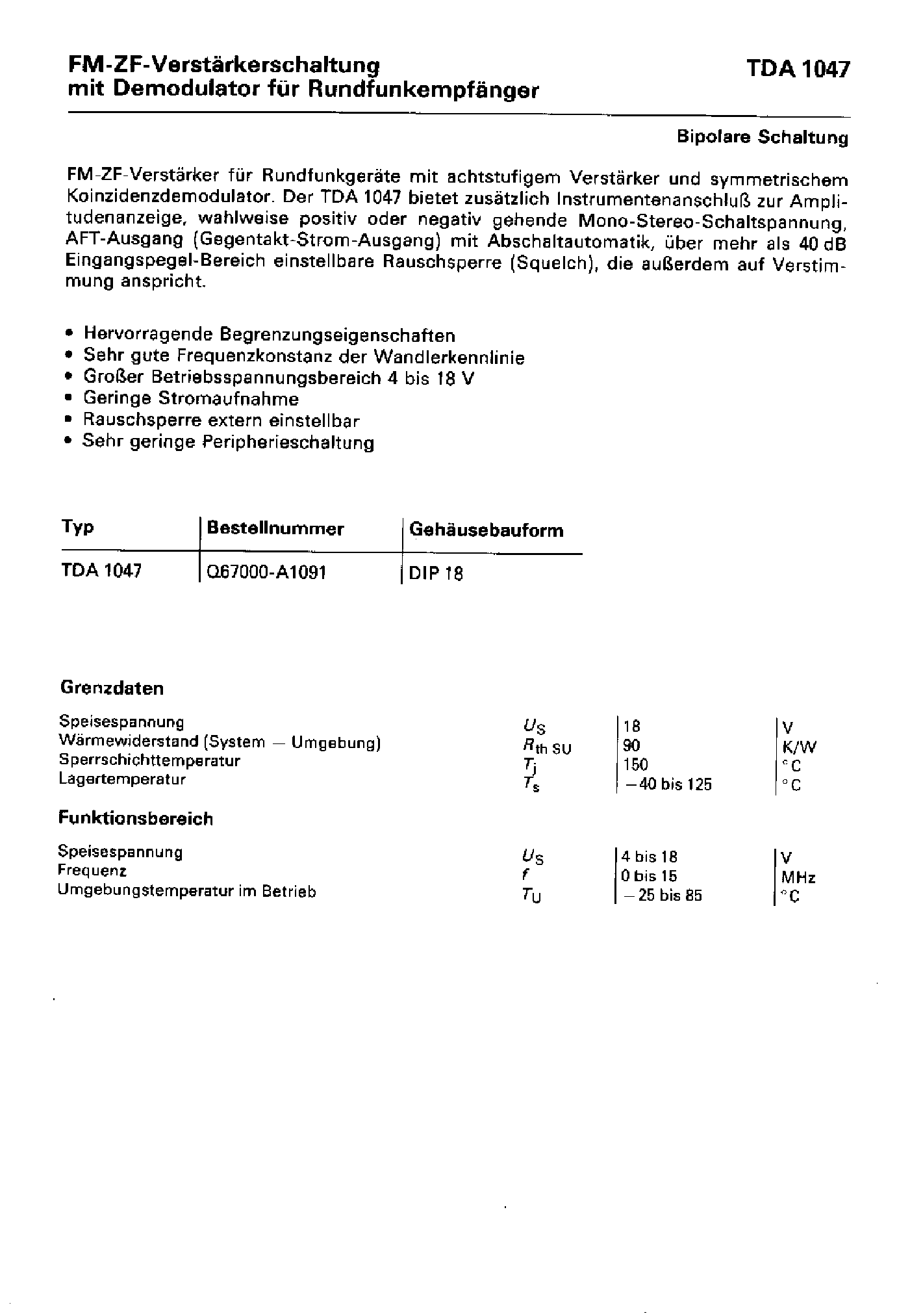 Datasheet TDA1047 page 1 Datasheet TDA1047 - FM-ZF-Verstarkerschaltung mit Demodulator fur Rundfunkempfanger page 1