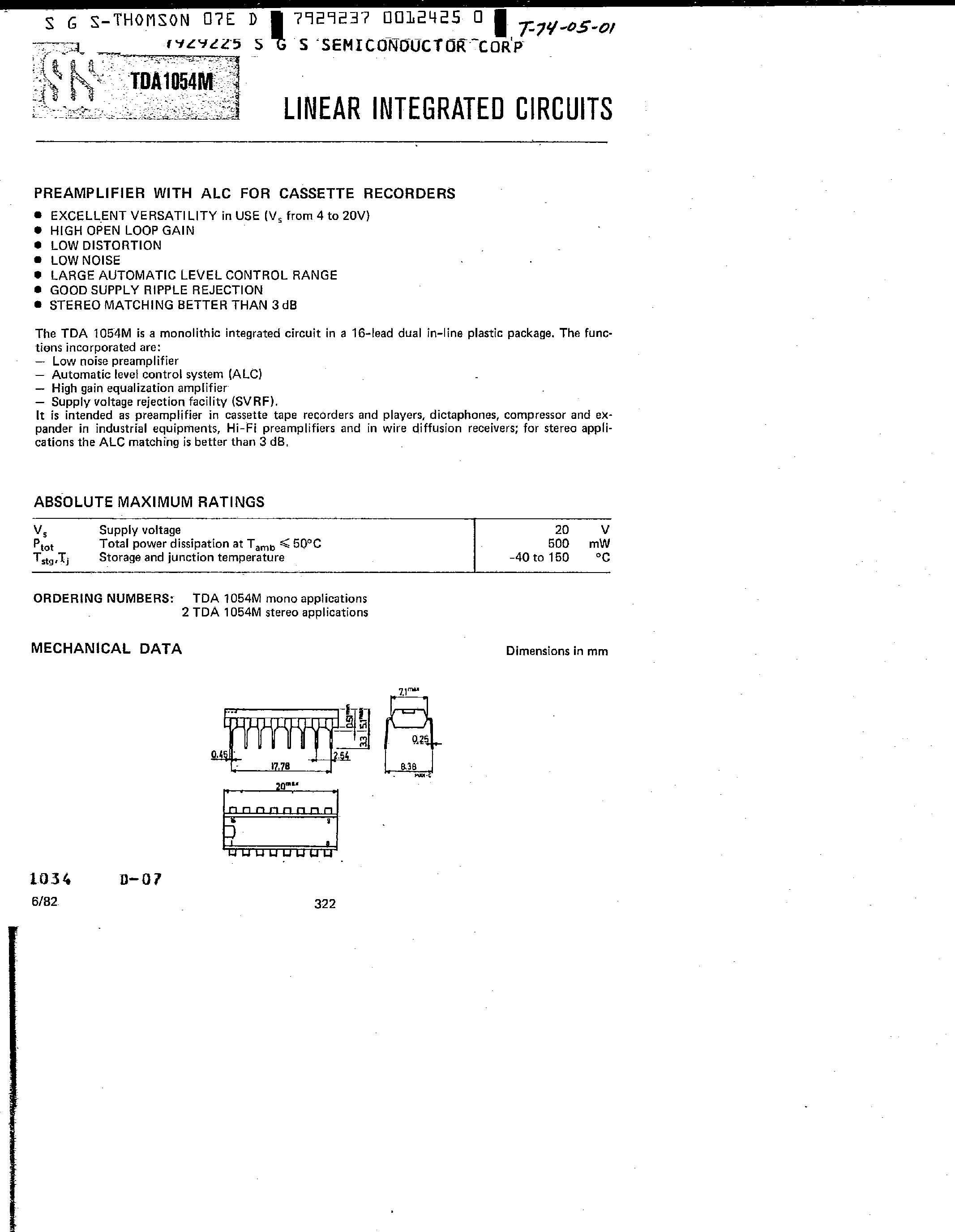 Datasheet TDA1054M - LINEAR INTEGRATED CIRCUITS page 1