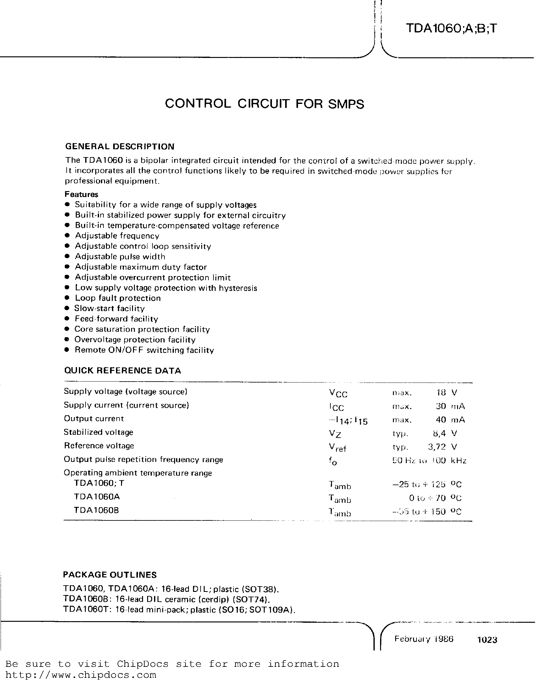 Datasheet TDA1060A page 1 Datasheet TDA1060A - CONTROL CIRCUIT FOR SMPS page 1