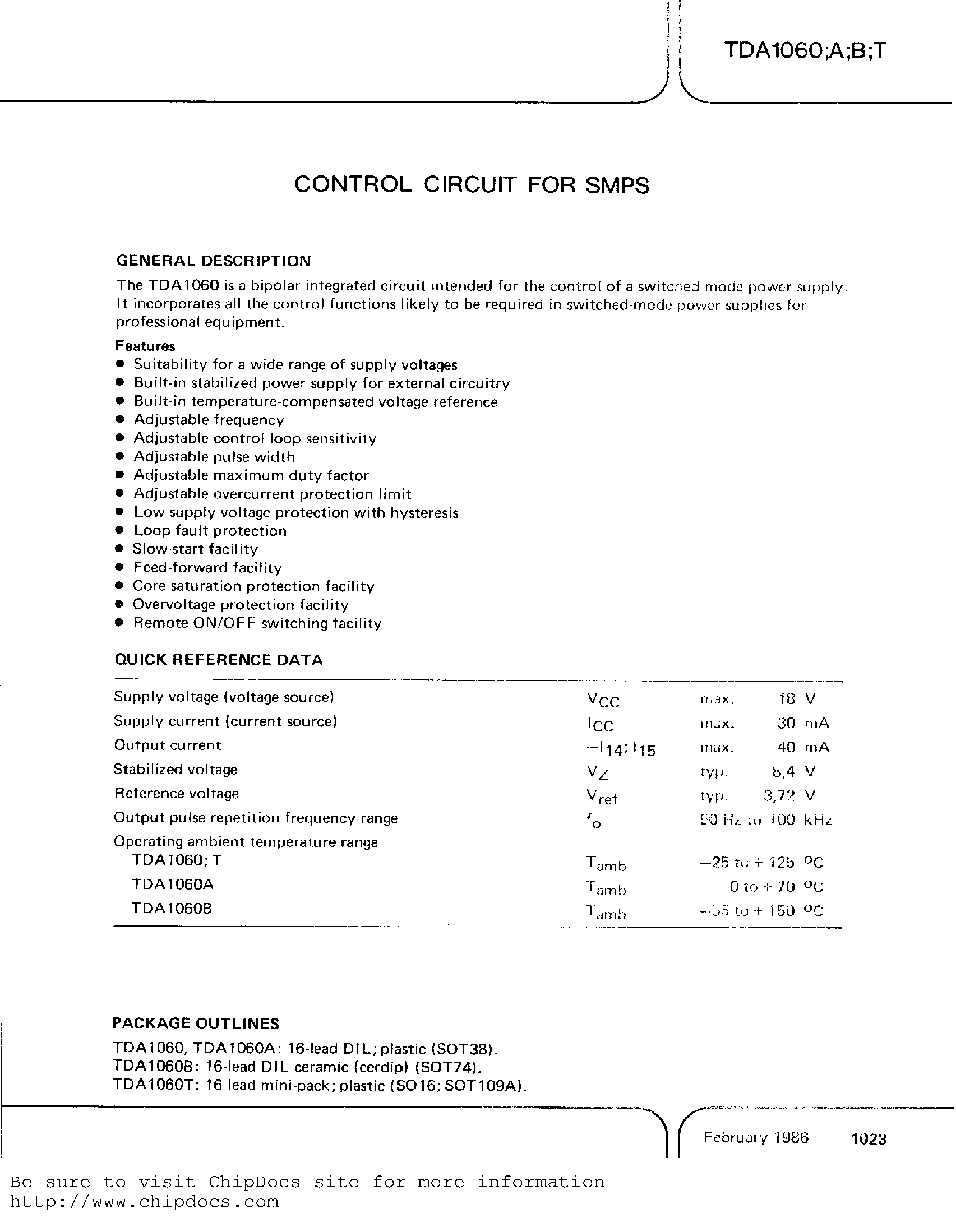 Даташит TDA1060T - CONTROL CIRCUIT FOR SMPS страница 1