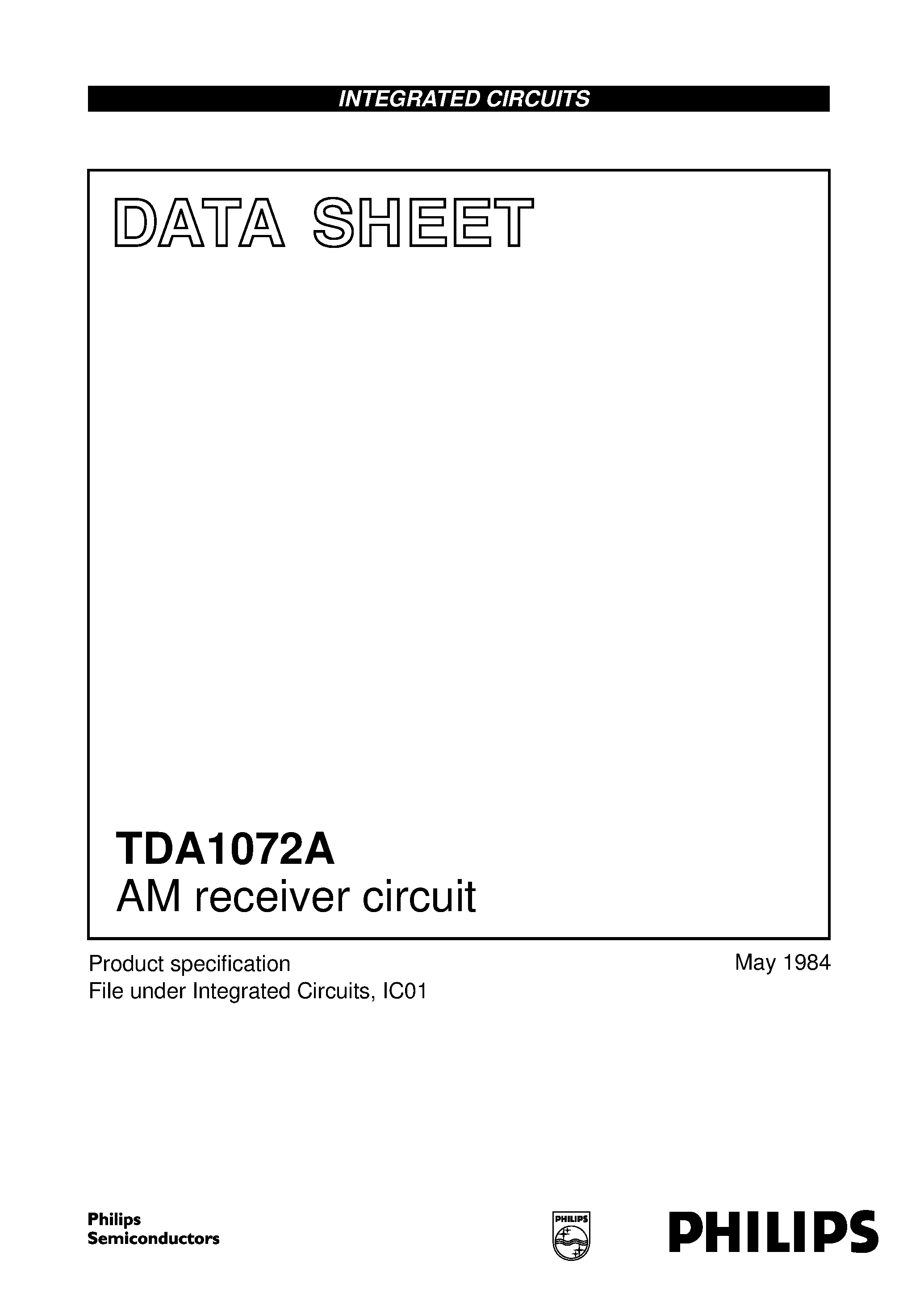 Datasheet TDA1072A page 1 Datasheet TDA1072A - AM receiver circuit page 1