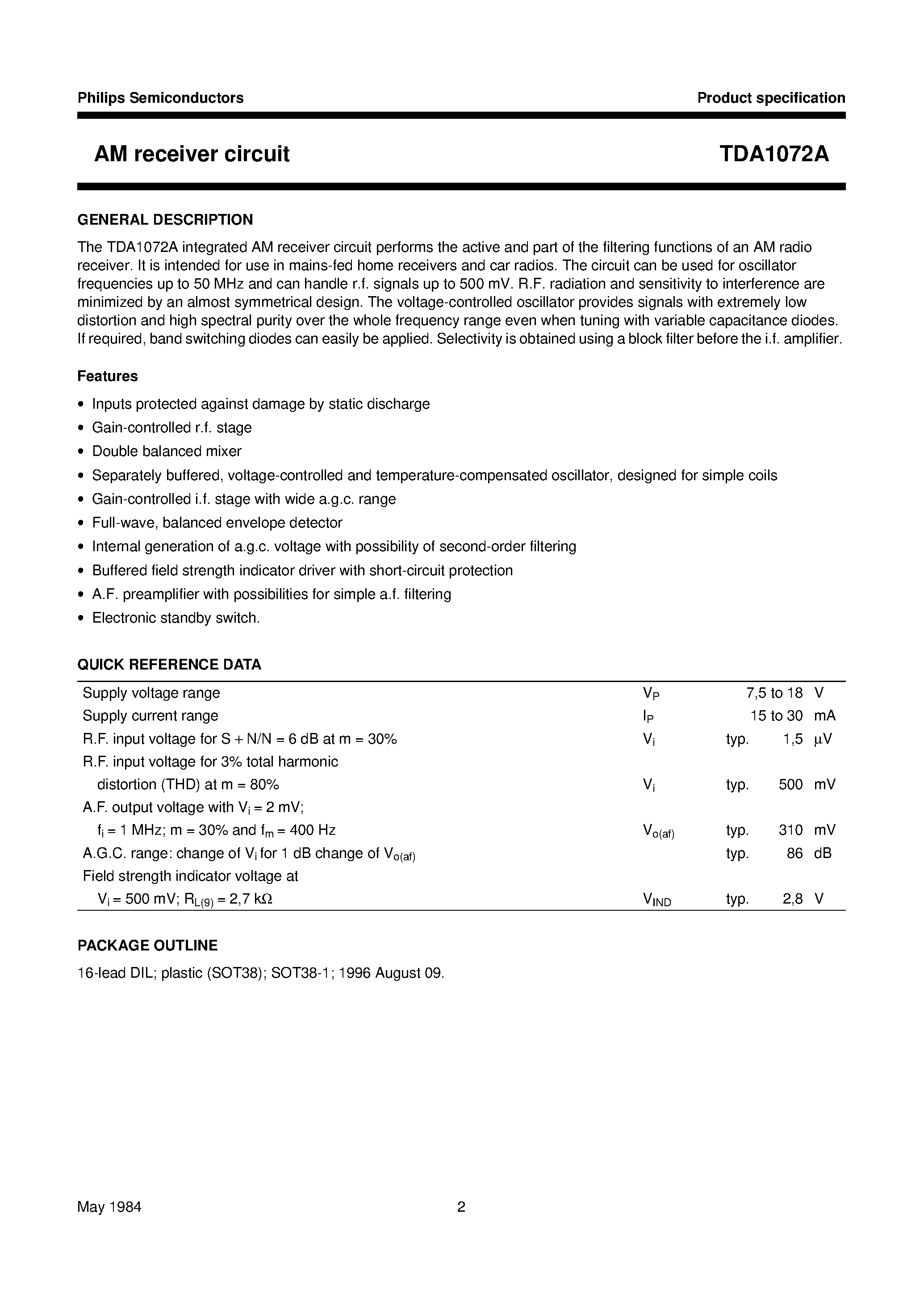 Datasheet TDA1072A page 2 Datasheet TDA1072A - AM receiver circuit page 2