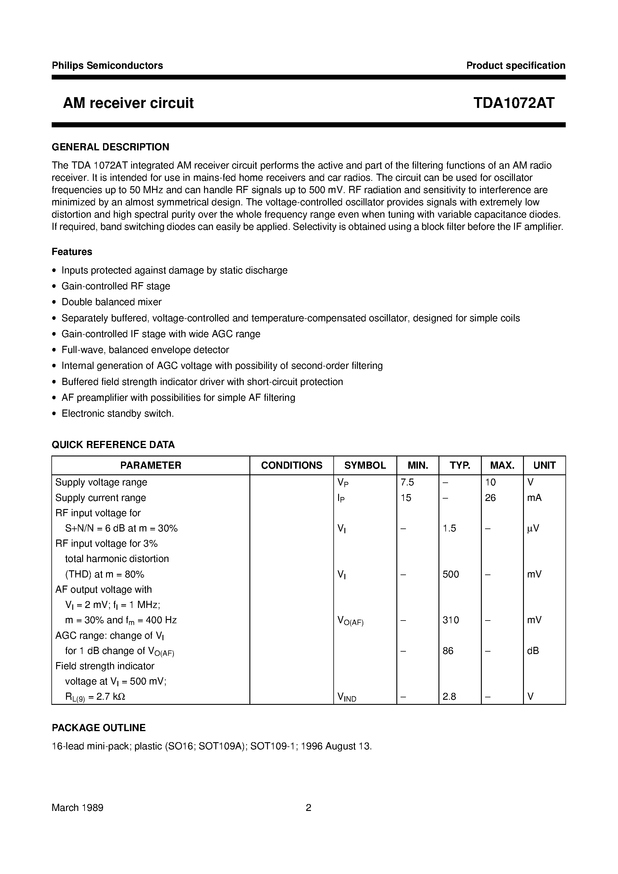 Datasheet TDA1072AT page 2 Datasheet TDA1072AT - AM receiver circuit page 2