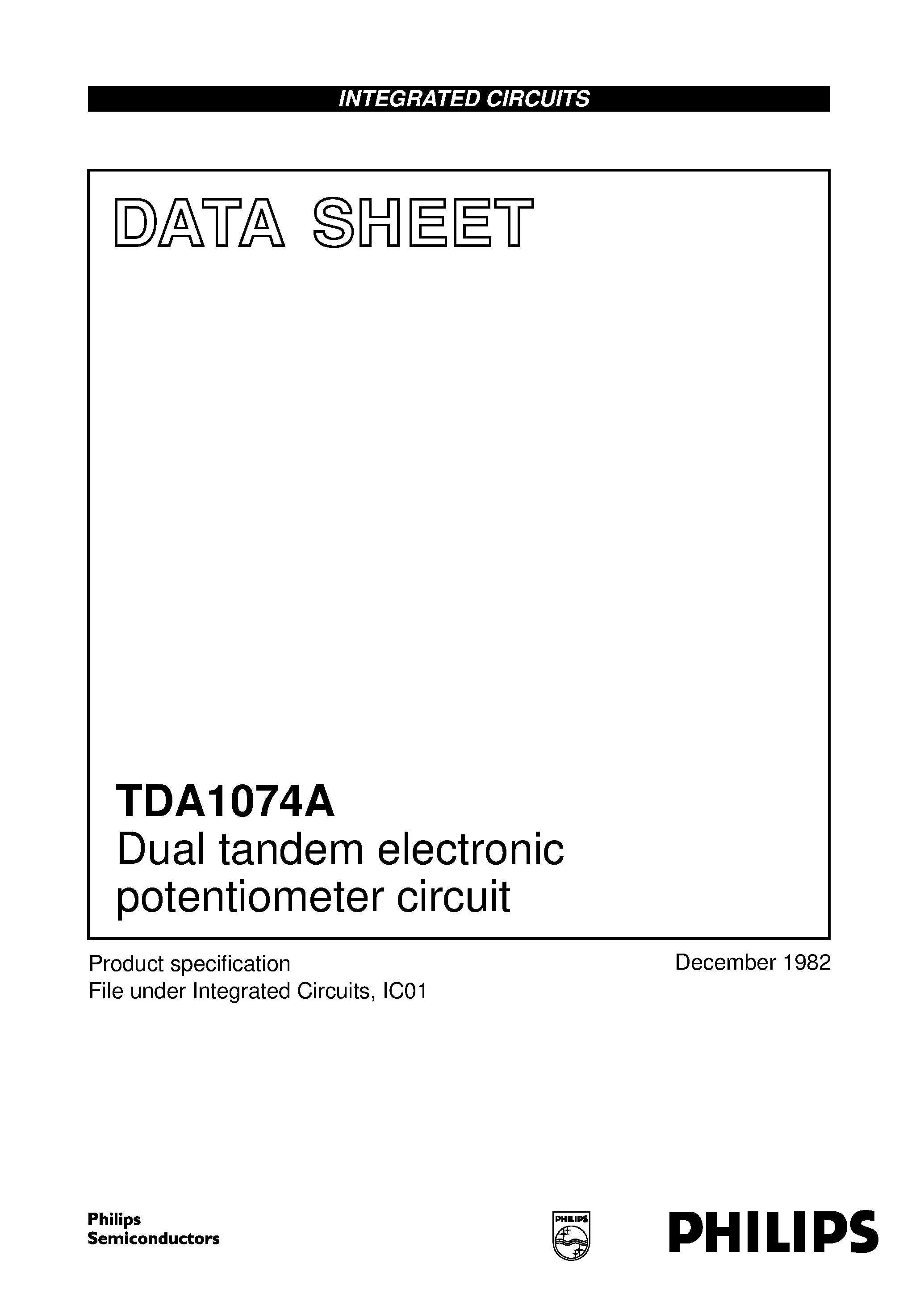 Datasheet TDA1074 page 1 Datasheet TDA1074 - Dual tandem electronic potentiometer circuit page 1