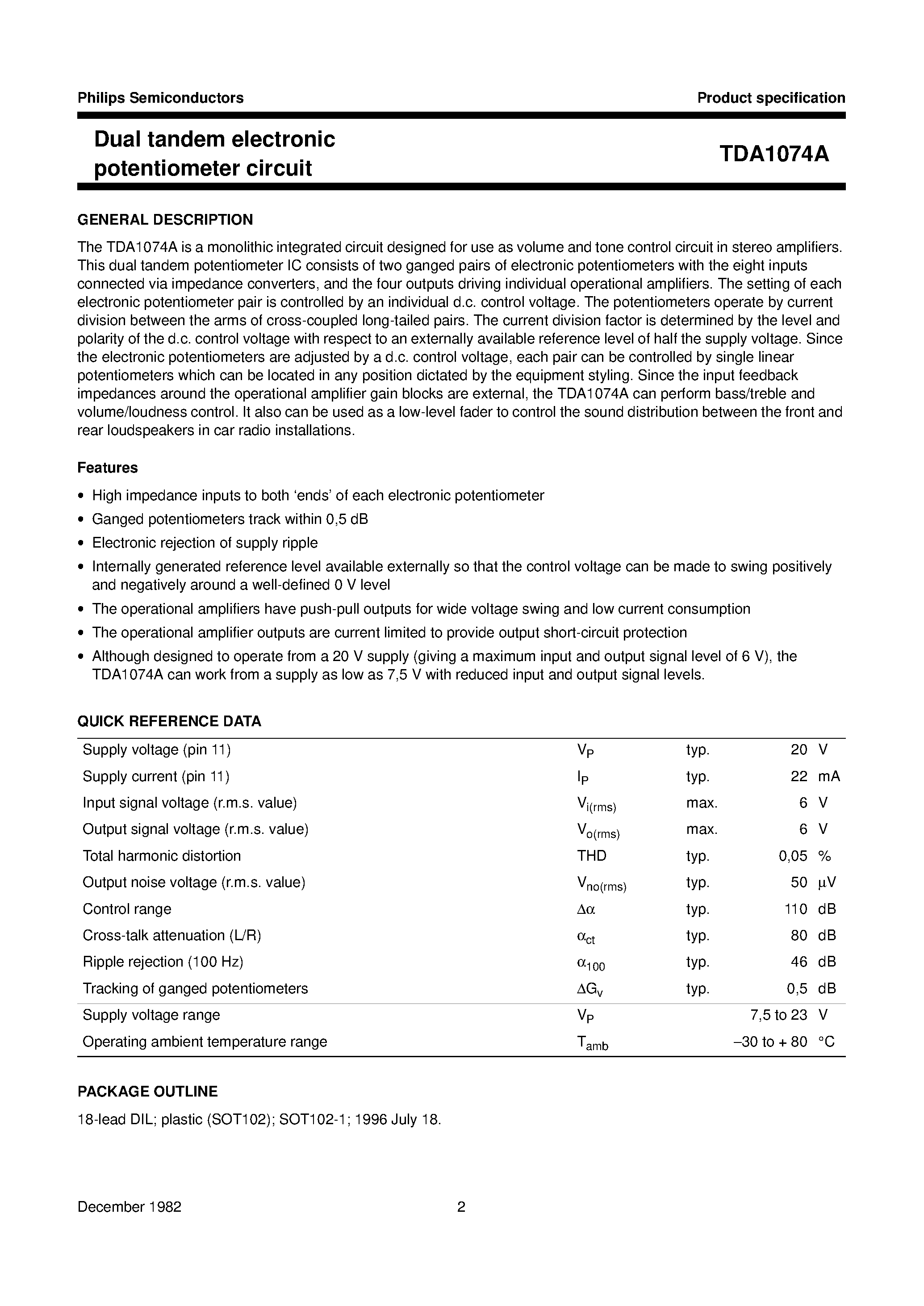 Datasheet TDA1074 page 2 Datasheet TDA1074 - Dual tandem electronic potentiometer circuit page 2