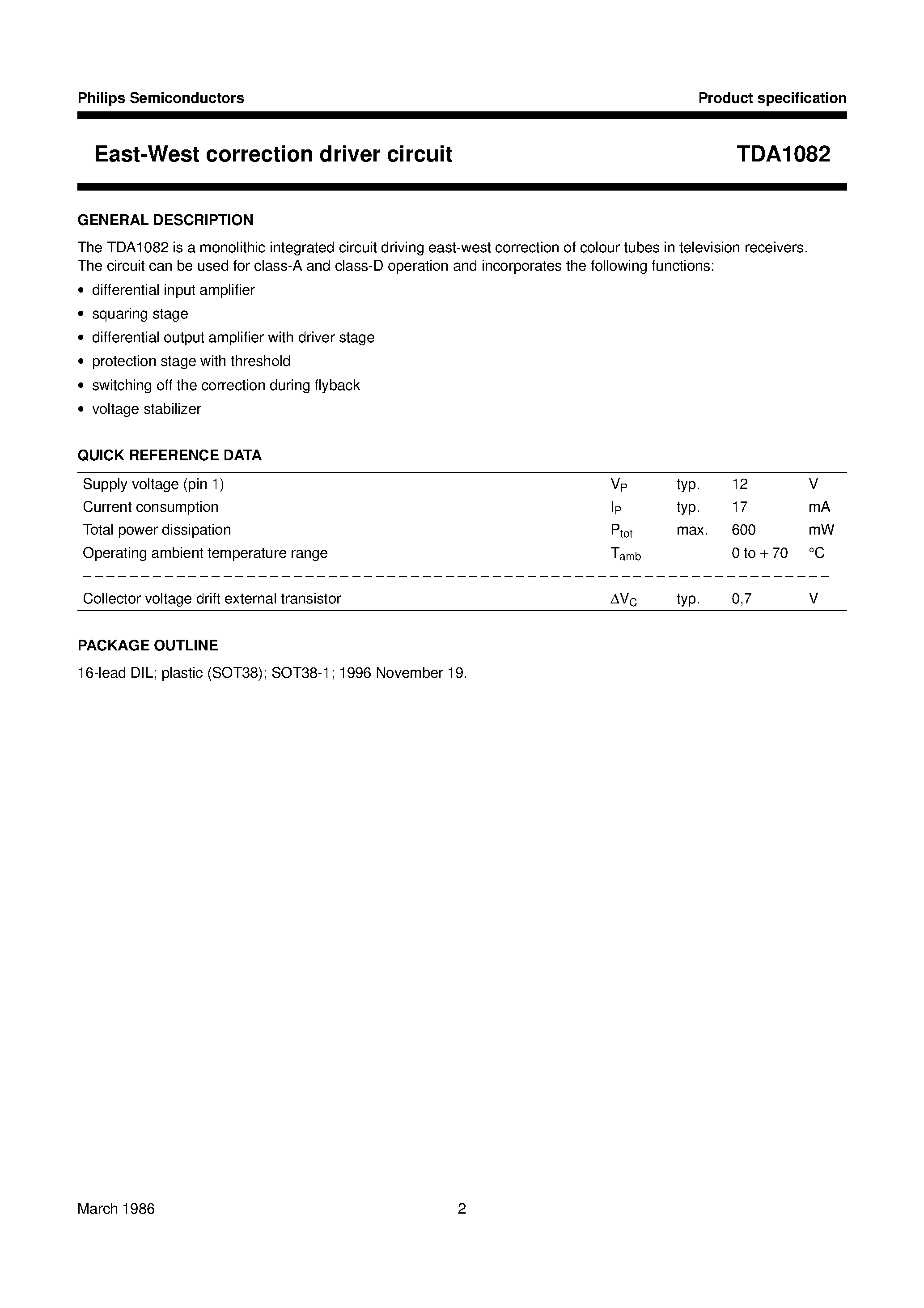 Datasheet TDA1082 page 2 Datasheet TDA1082 - East-West correction driver circuit page 2