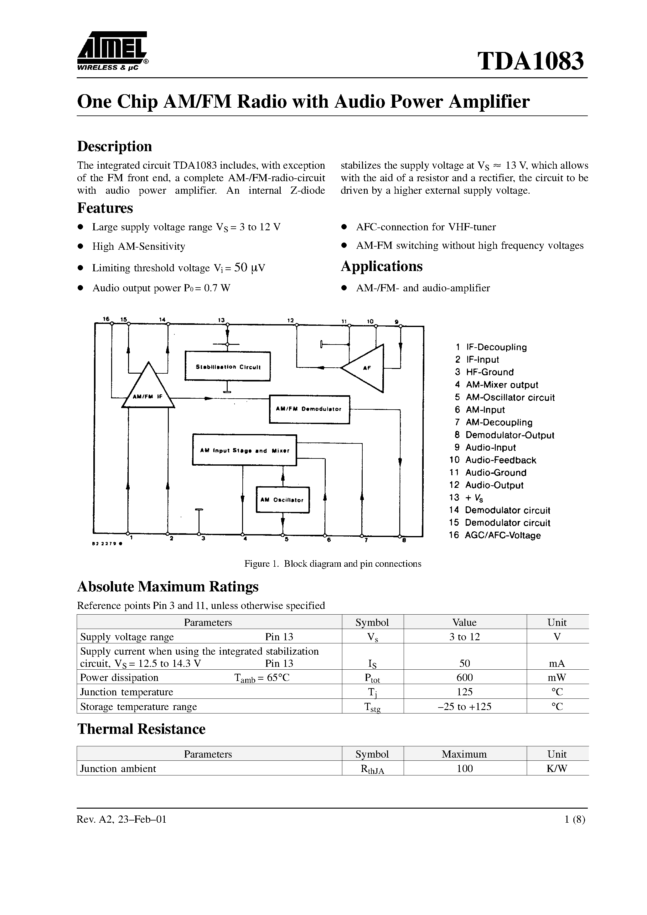 Datasheet TDA1083 page 1 Datasheet TDA1083 - One Chip AM/FM Radio with Audio Power Amplifier page 1