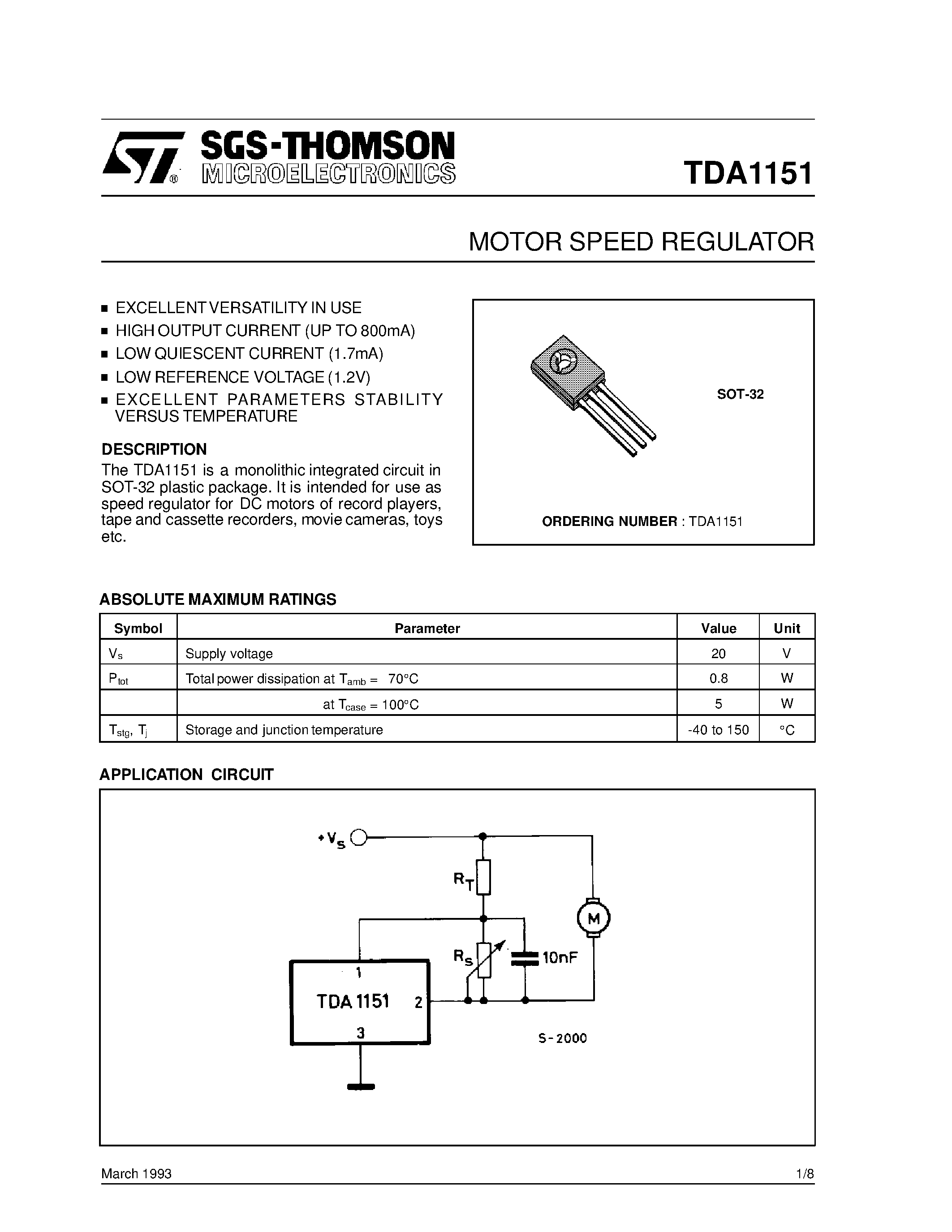 Datasheet TDA1151 page 1 Datasheet TDA1151 - MOTOR SPEED REGULATOR page 1