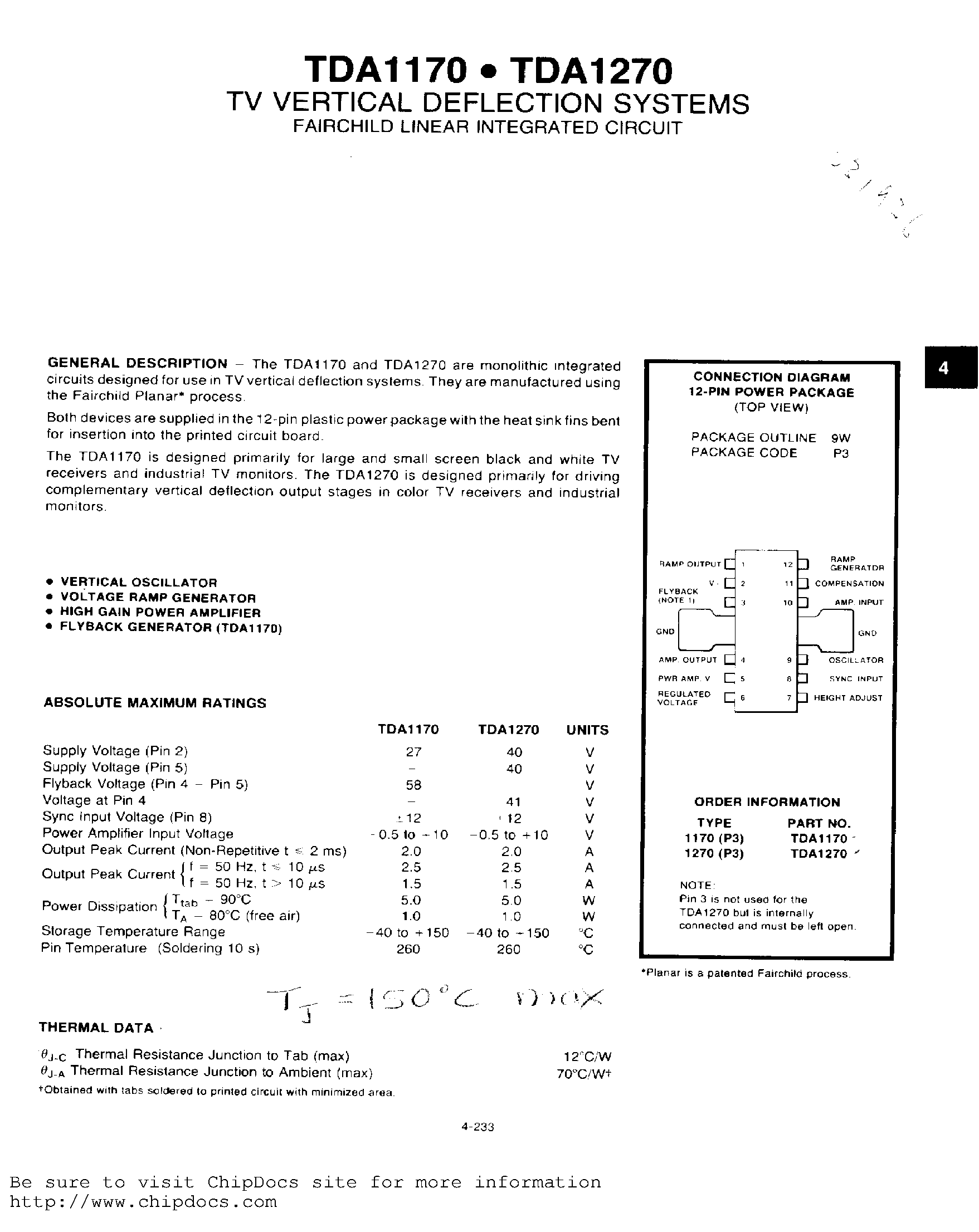 Datasheet TDA1170 page 1 Datasheet TDA1170 - TV VERTICAL DEFLECTION SYSTEMS page 1