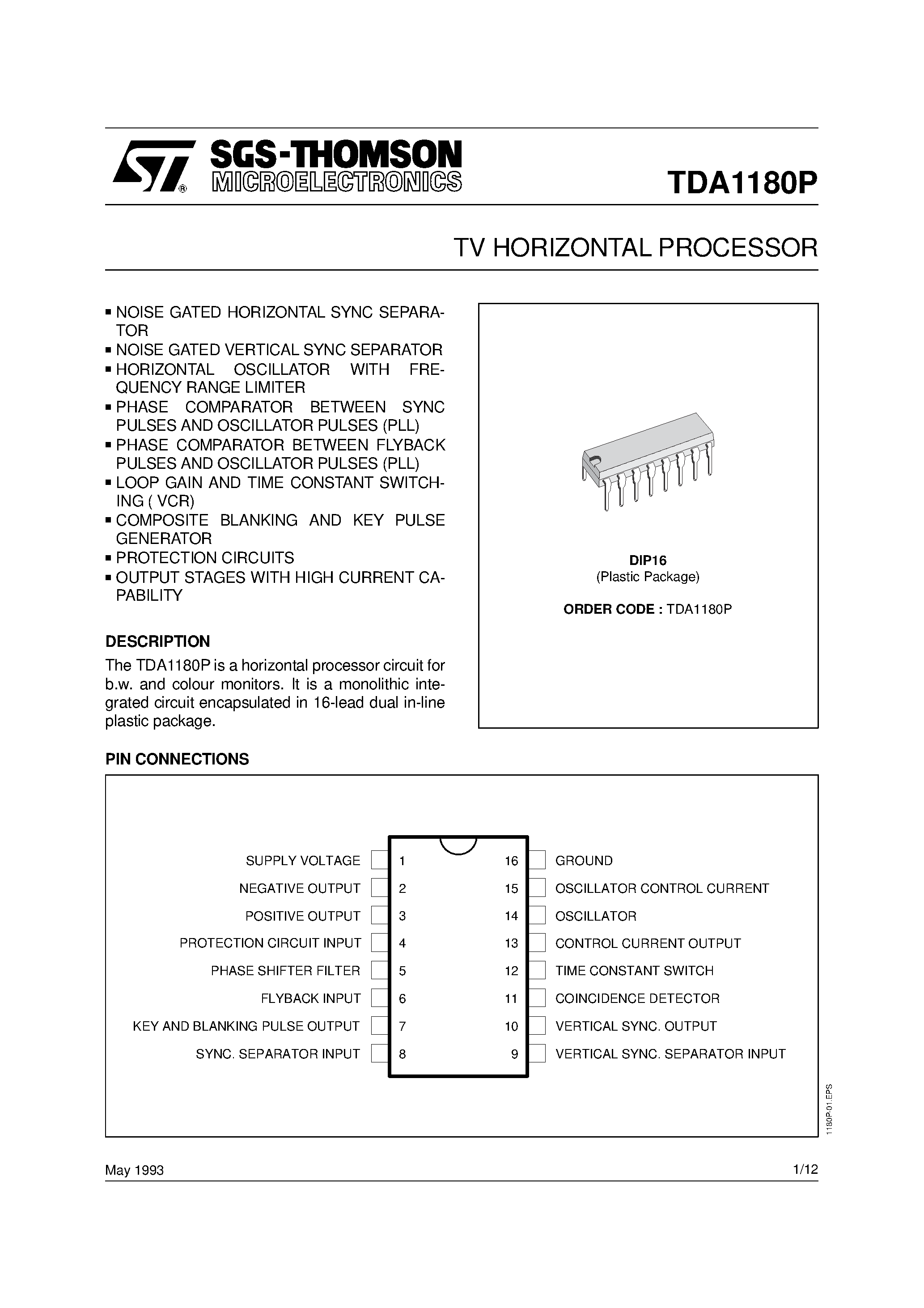 Datasheet TDA1180P page 1 Datasheet TDA1180P - TV HORIZONTAL PROCESSOR page 1