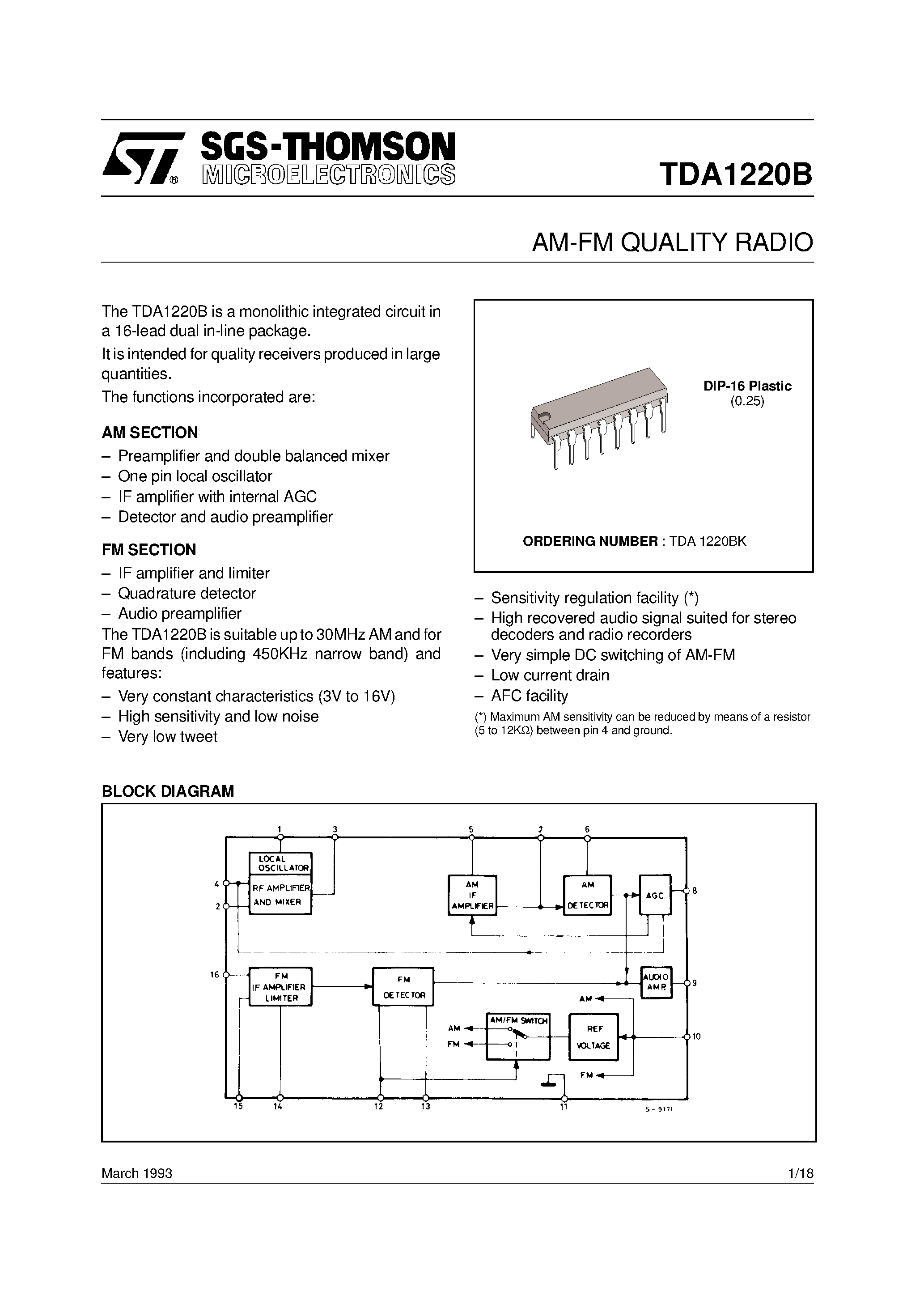 Datasheet TDA1220B page 1 Datasheet TDA1220B - AM-FM QUALITY RADIO page 1
