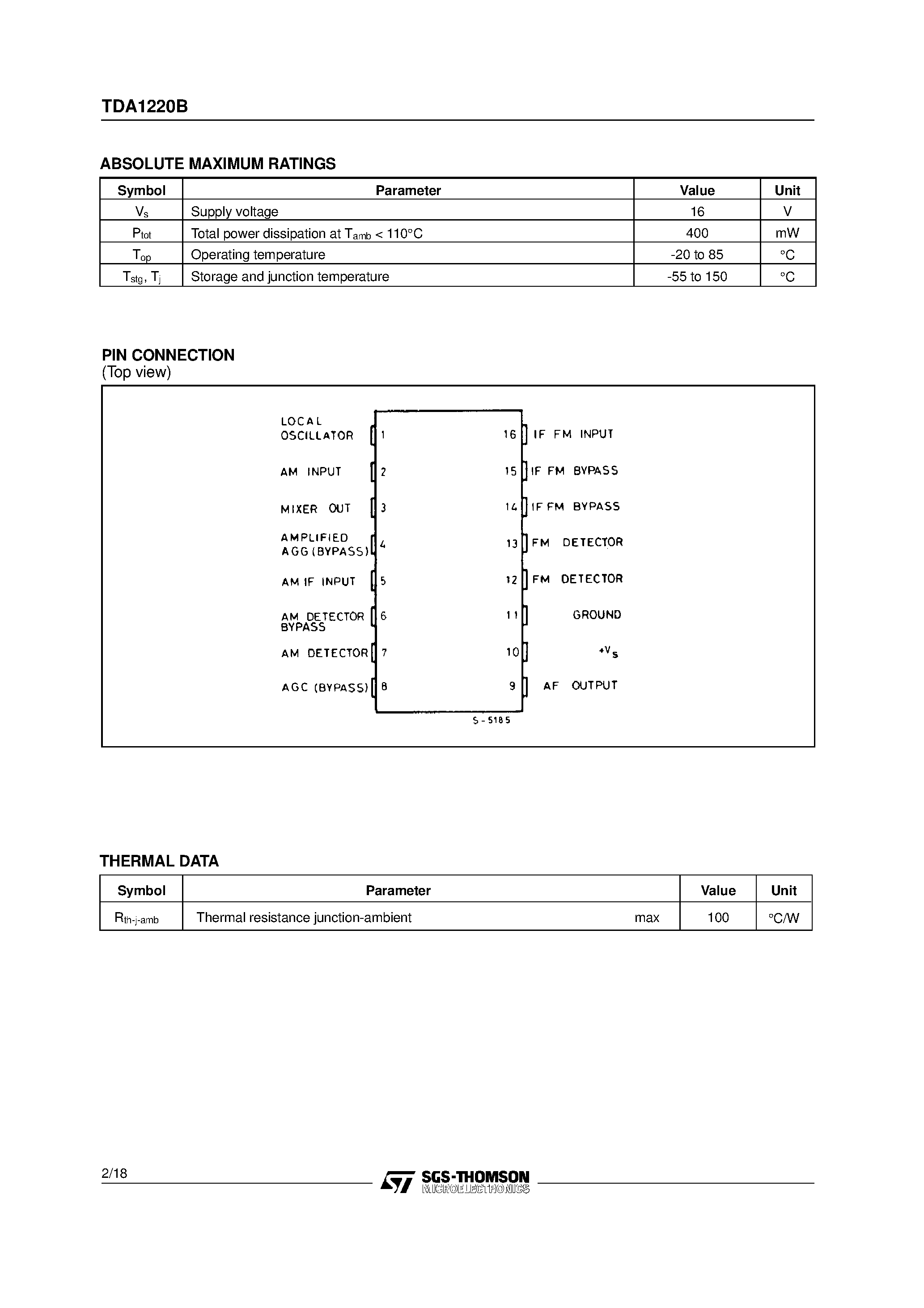 Datasheet TDA1220BK page 2 Datasheet TDA1220BK - AM-FM QUALITY RADIO page 2