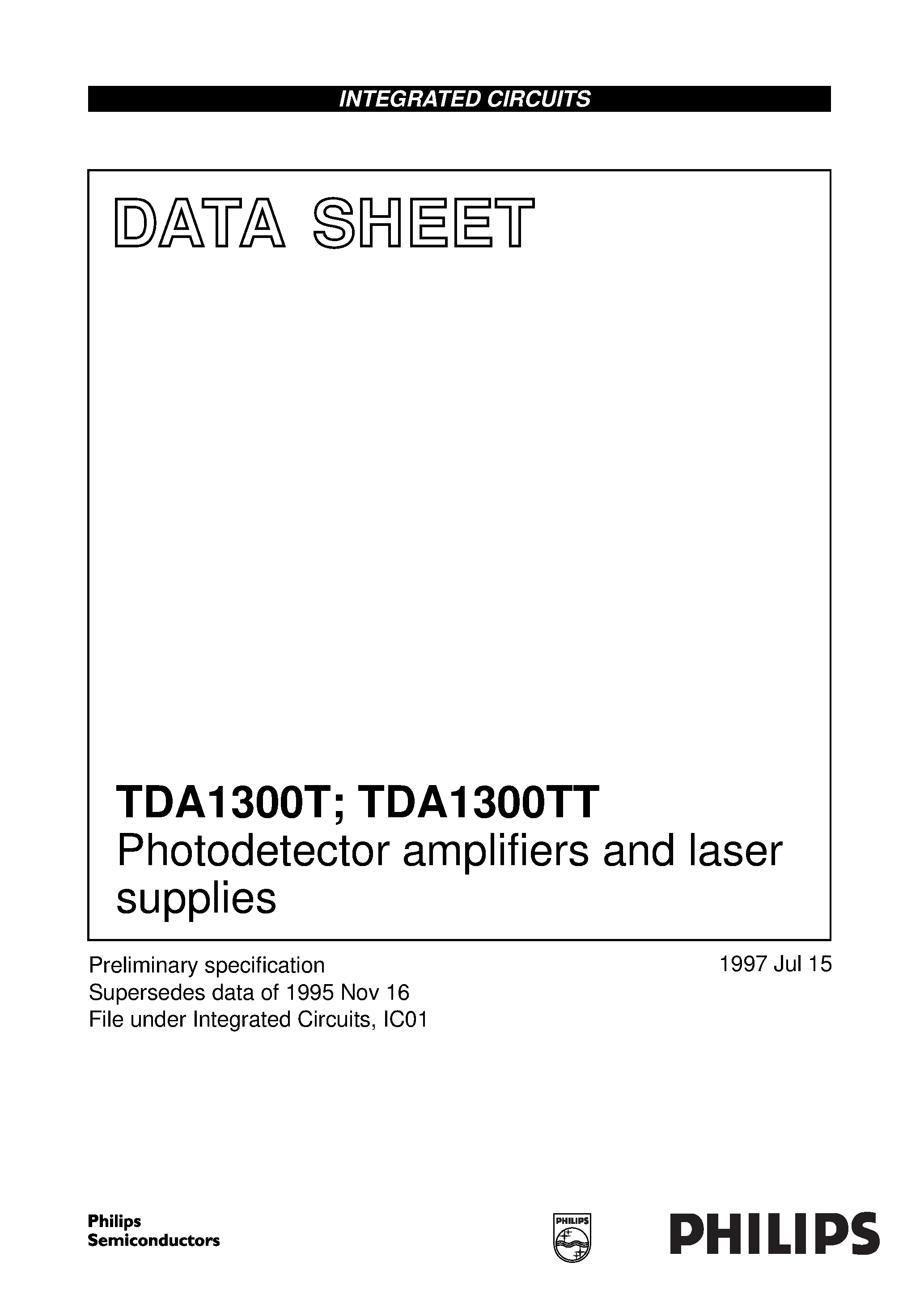 Datasheet TDA1300 page 1 Datasheet TDA1300 - Photodetector amplifiers and laser supplies page 1
