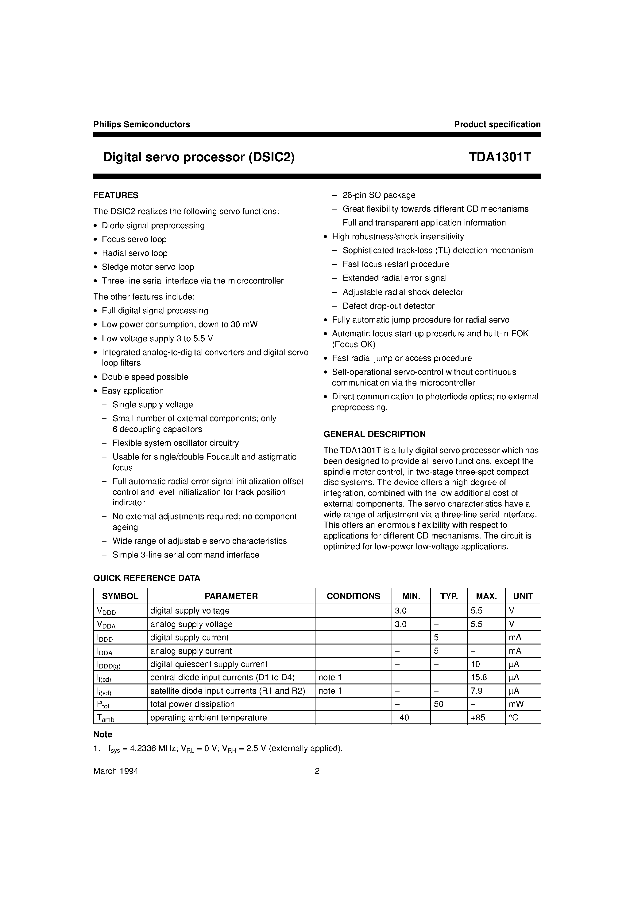Datasheet TDA1301 page 1 Datasheet TDA1301 - Digital servo processor DSIC2 page 1