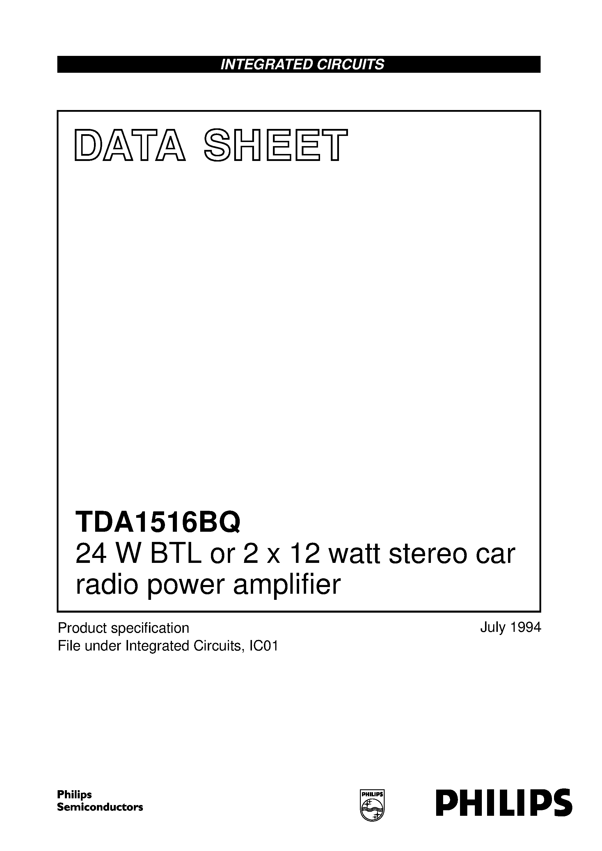 Datasheet TDA1516 - 24 W BTL or 2 x 12 watt stereo car radio power amplifier page 1