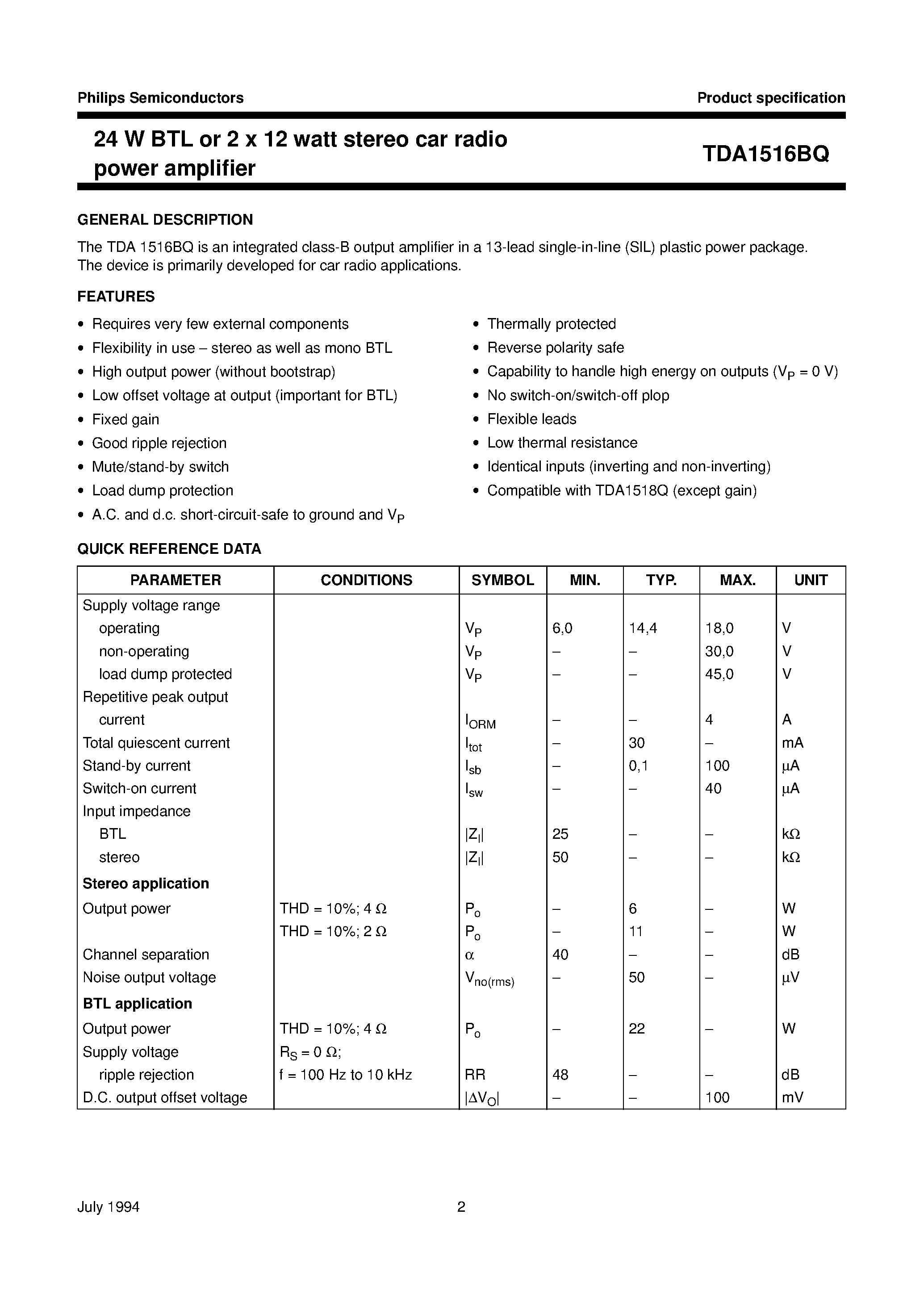 Datasheet TDA1516 - 24 W BTL or 2 x 12 watt stereo car radio power amplifier page 2