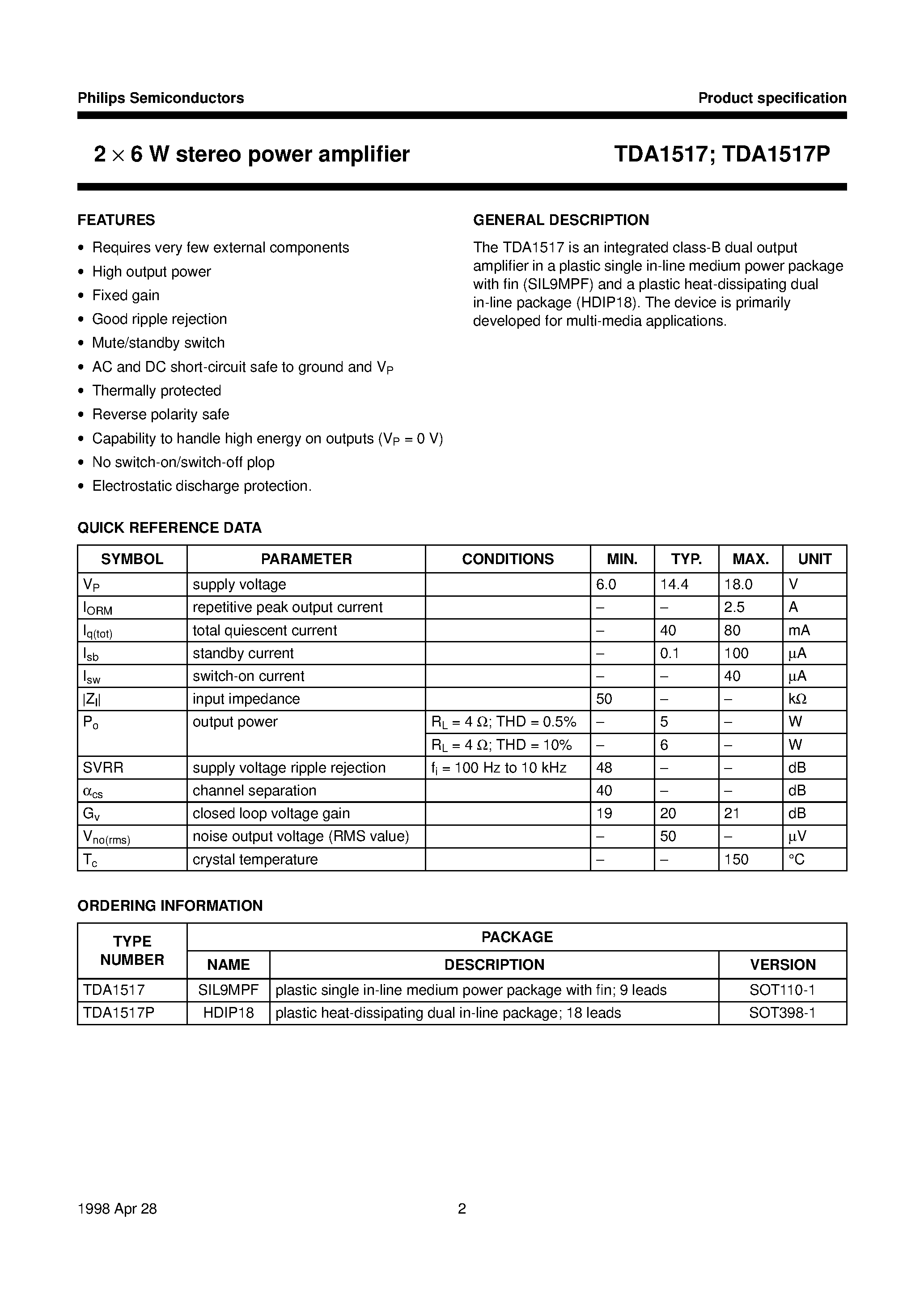 Datasheet TDA1517 - 2 x 6 W stereo power amplifier page 2