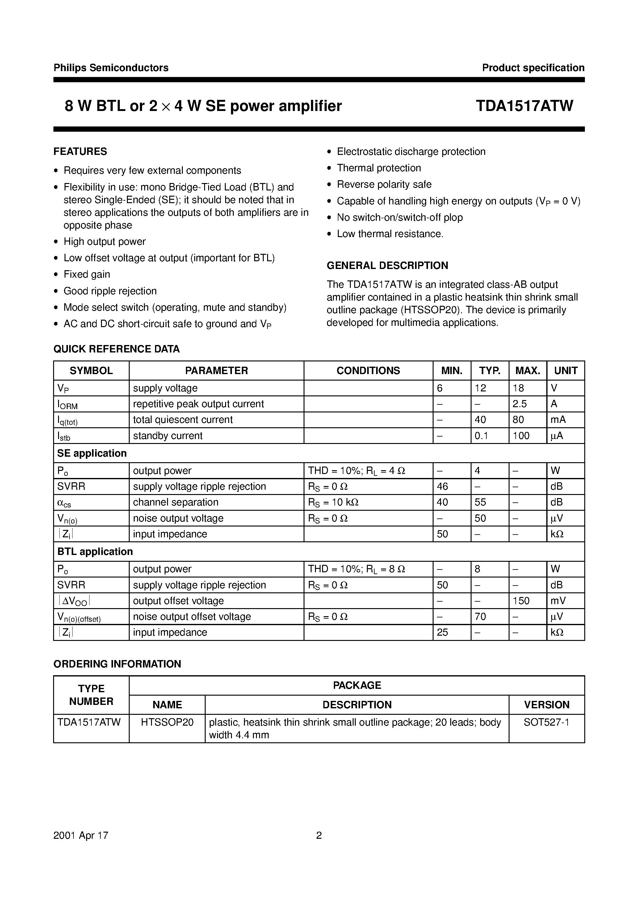 Datasheet TDA1517A - 8 W BTL or 2 x 4 W SE power amplifier page 2