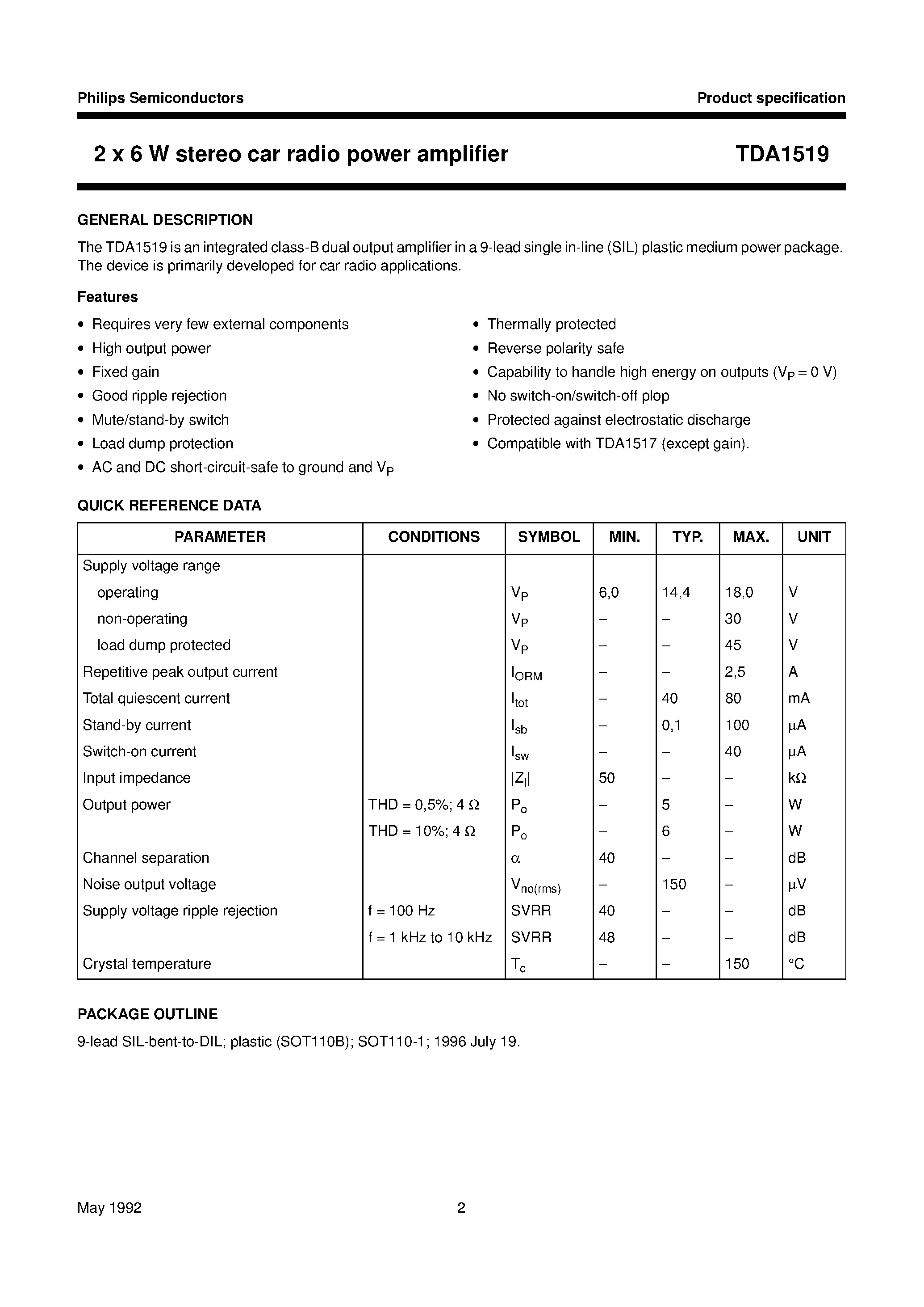 Даташит на микросхему TDA1519 страница 2 Даташит TDA1519 - 2 x 6 W stereo car radio power amplifier страница 2