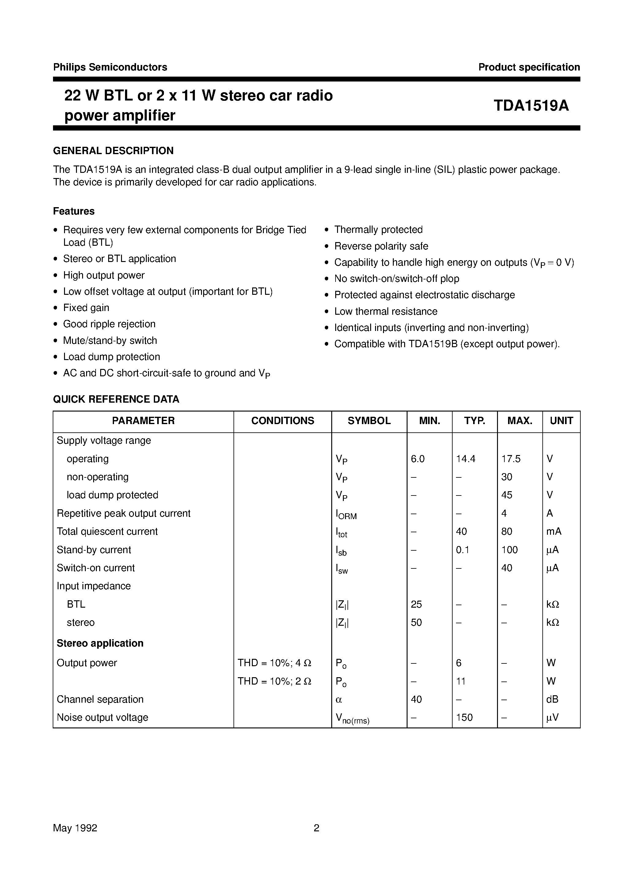 Datasheet TDA1519A page 2 Datasheet TDA1519A - 22 W BTL or 2 x 11 W stereo car radio power amplifier page 2