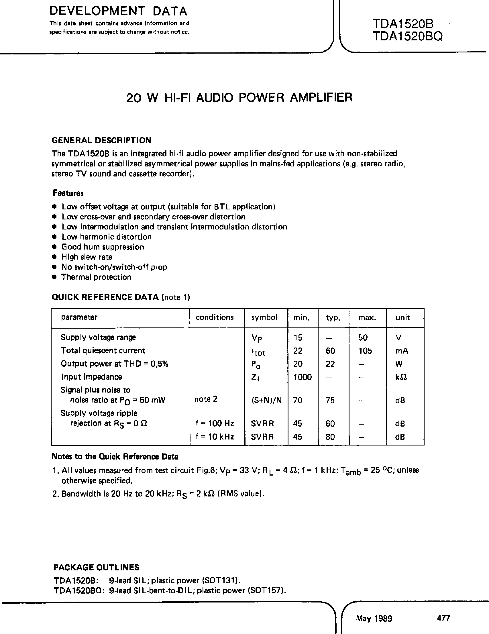 Даташит TDA1520B - 20 W HI FI AUDIO POWER AMLIFIER страница 1