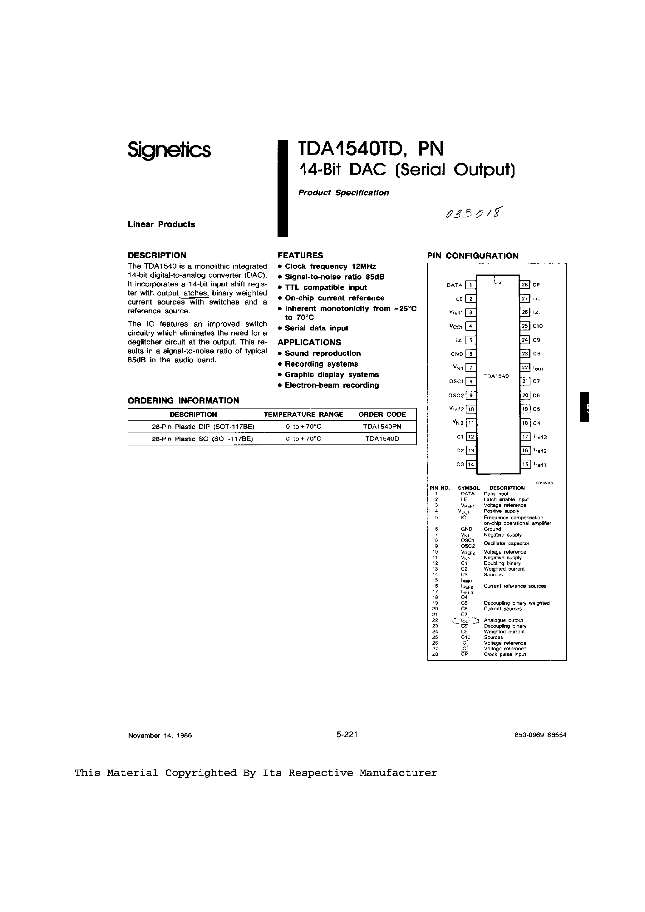 Даташит на микросхему TDA1540 страница 1 Даташит TDA1540 - 14-Bit DAC (Serial Output) страница 1