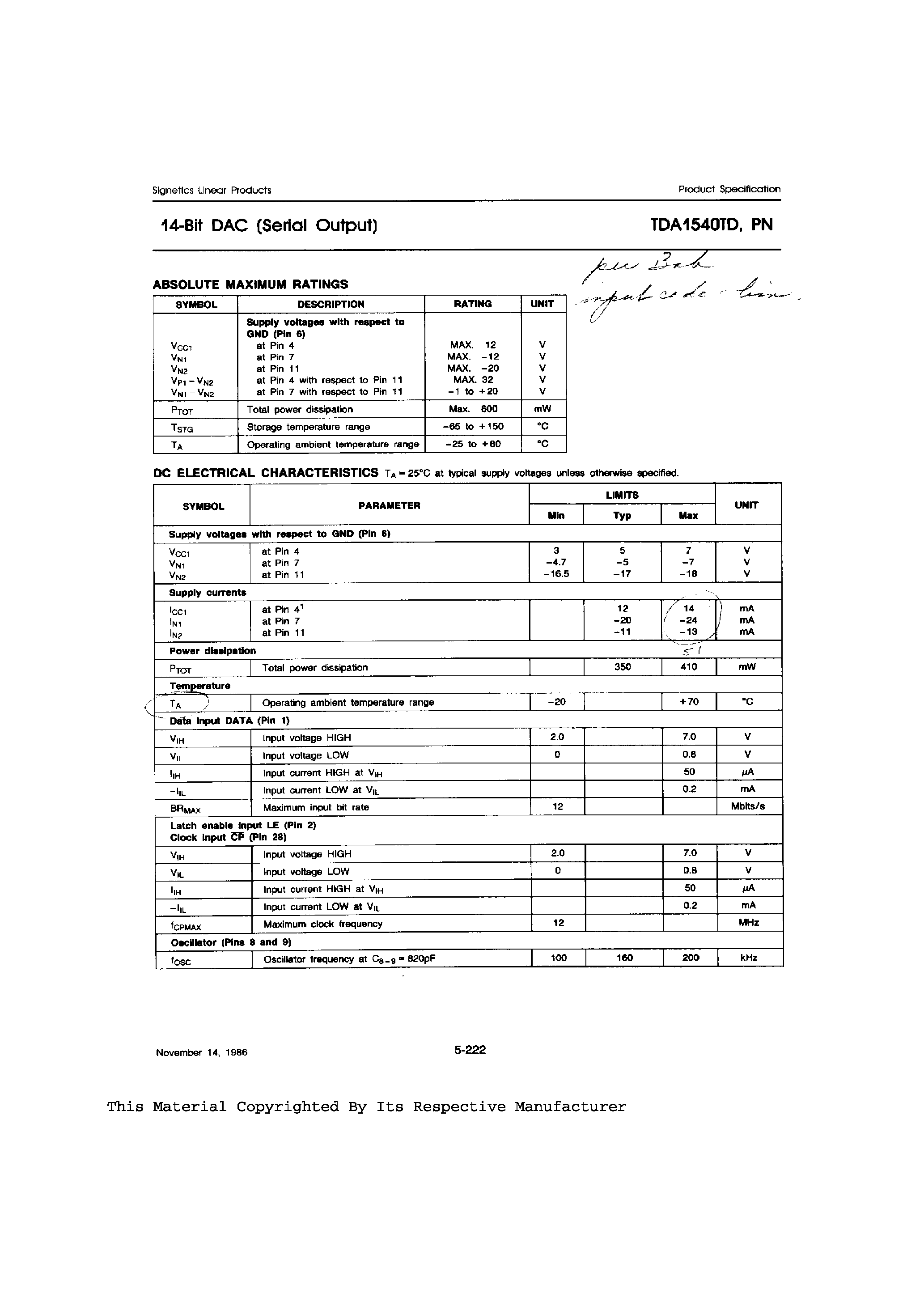 Datasheet TDA1540PN page 2 Datasheet TDA1540PN - 14-Bit DAC (Serial Output) page 2