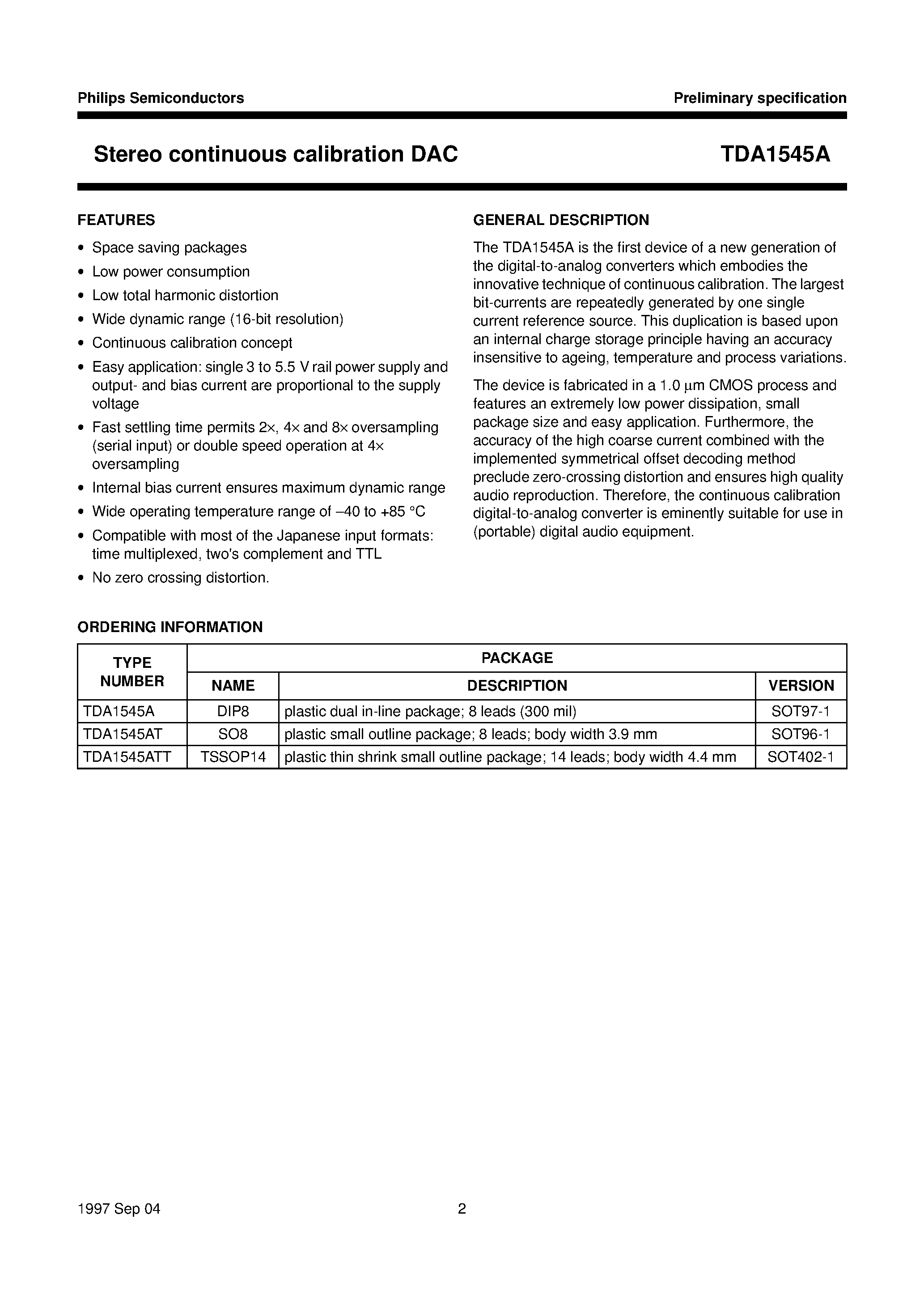 Datasheet TDA1545A page 2 Datasheet TDA1545A - Stereo continuous calibration DAC page 2