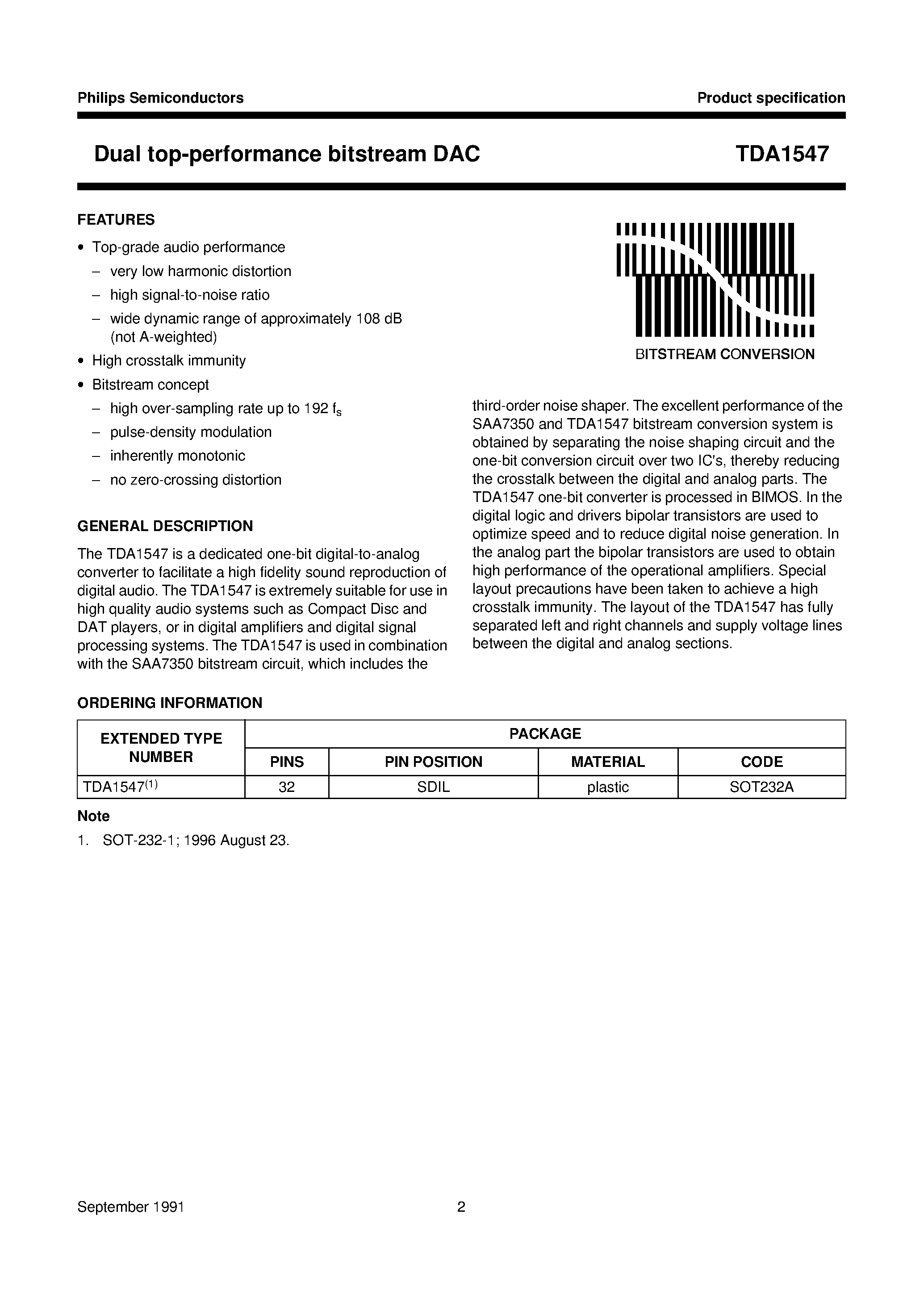 Datasheet TDA1547 page 2 Datasheet TDA1547 - Dual top-performance bitstream DAC page 2