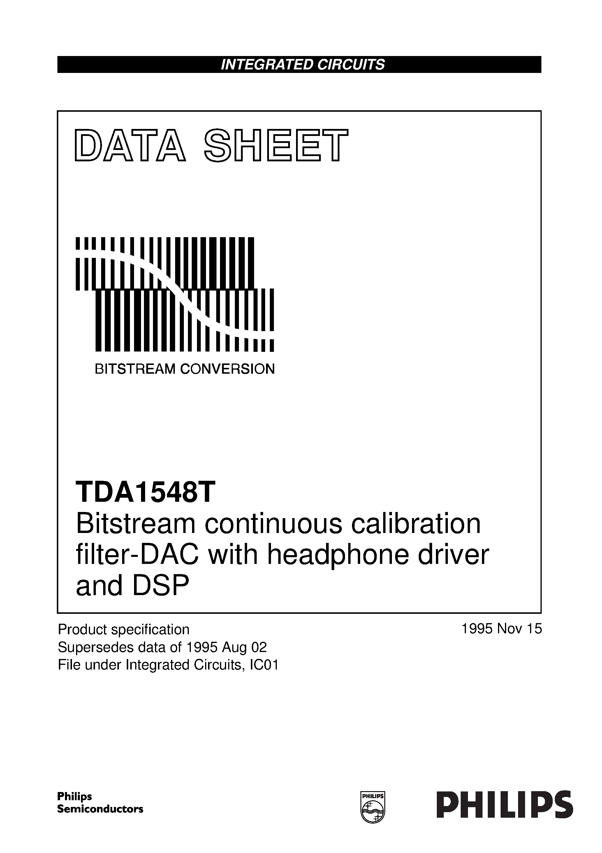 Datasheet TDA1548T page 1 Datasheet TDA1548T - Bitstream continuous calibration filter-DAC with headphone driver and DSP page 1