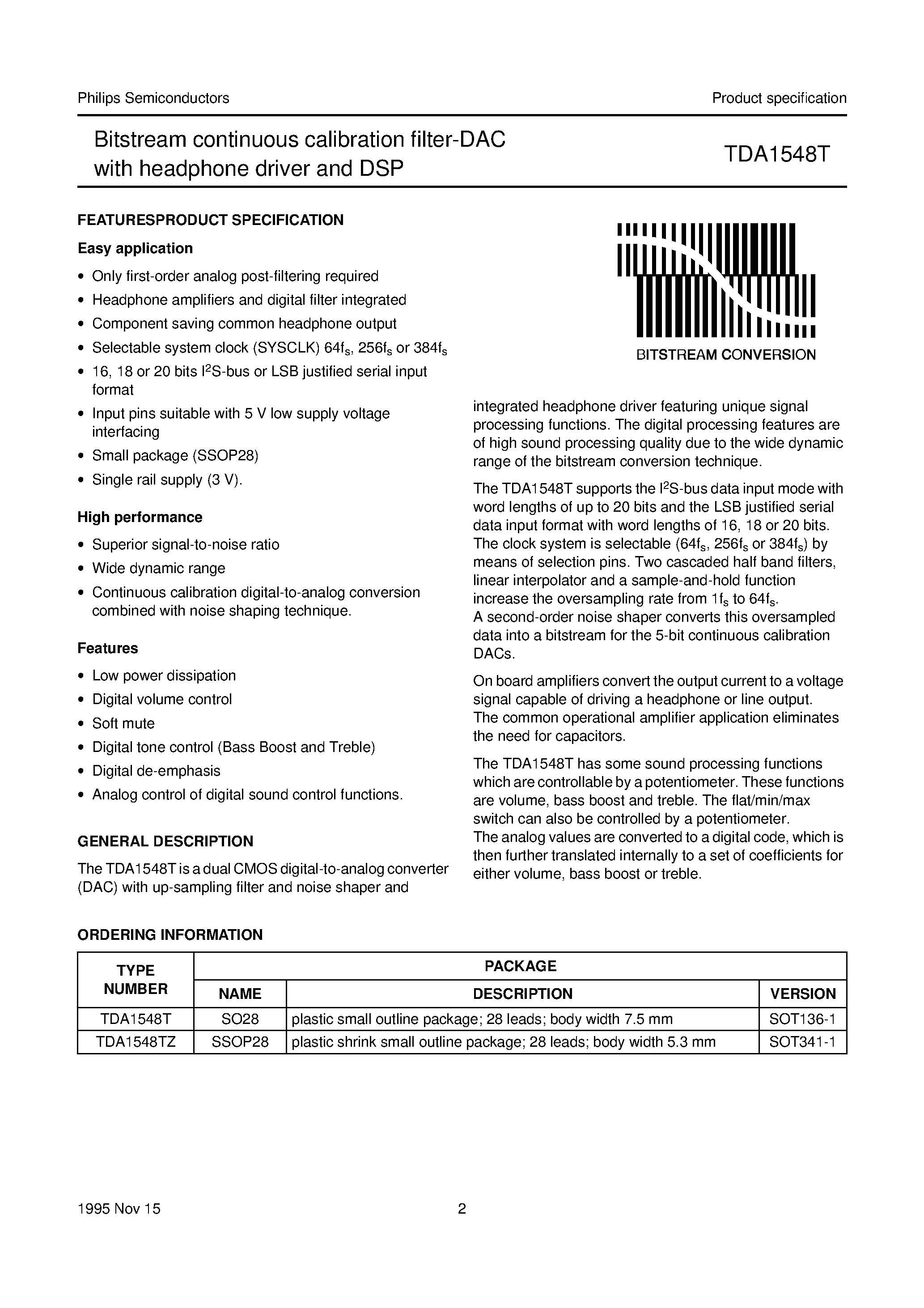 Datasheet TDA1548T page 2 Datasheet TDA1548T - Bitstream continuous calibration filter-DAC with headphone driver and DSP page 2