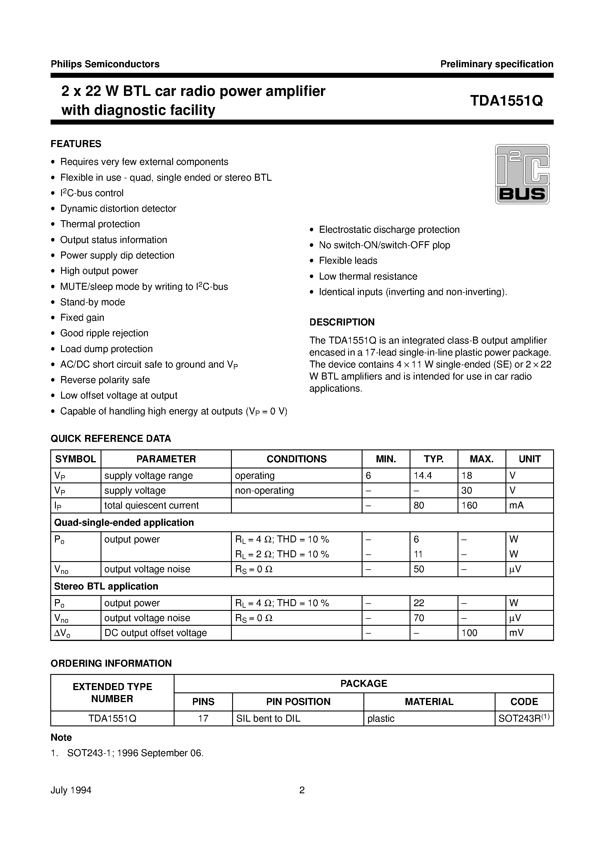 Datasheet TDA1551 page 2 Datasheet TDA1551 - 2 x 22 W BTL car radio power amplifier with diagnostic facility page 2