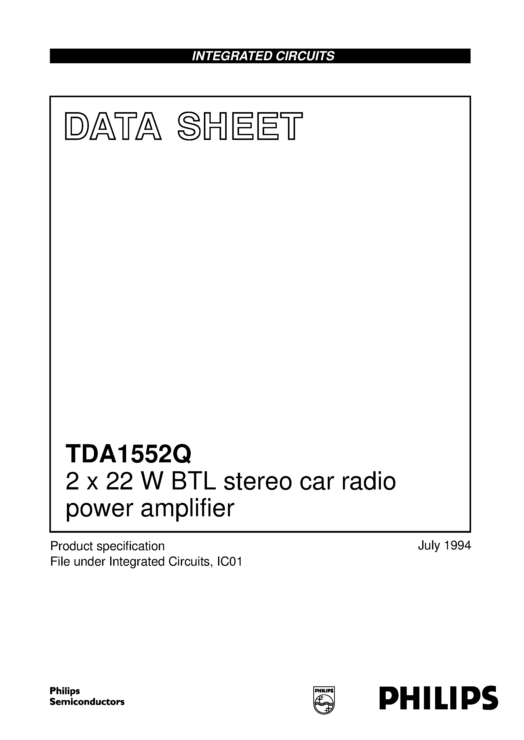 Datasheet TDA1552 page 1 Datasheet TDA1552 - 2 x 22 W BTL stereo car radio power amplifier page 1