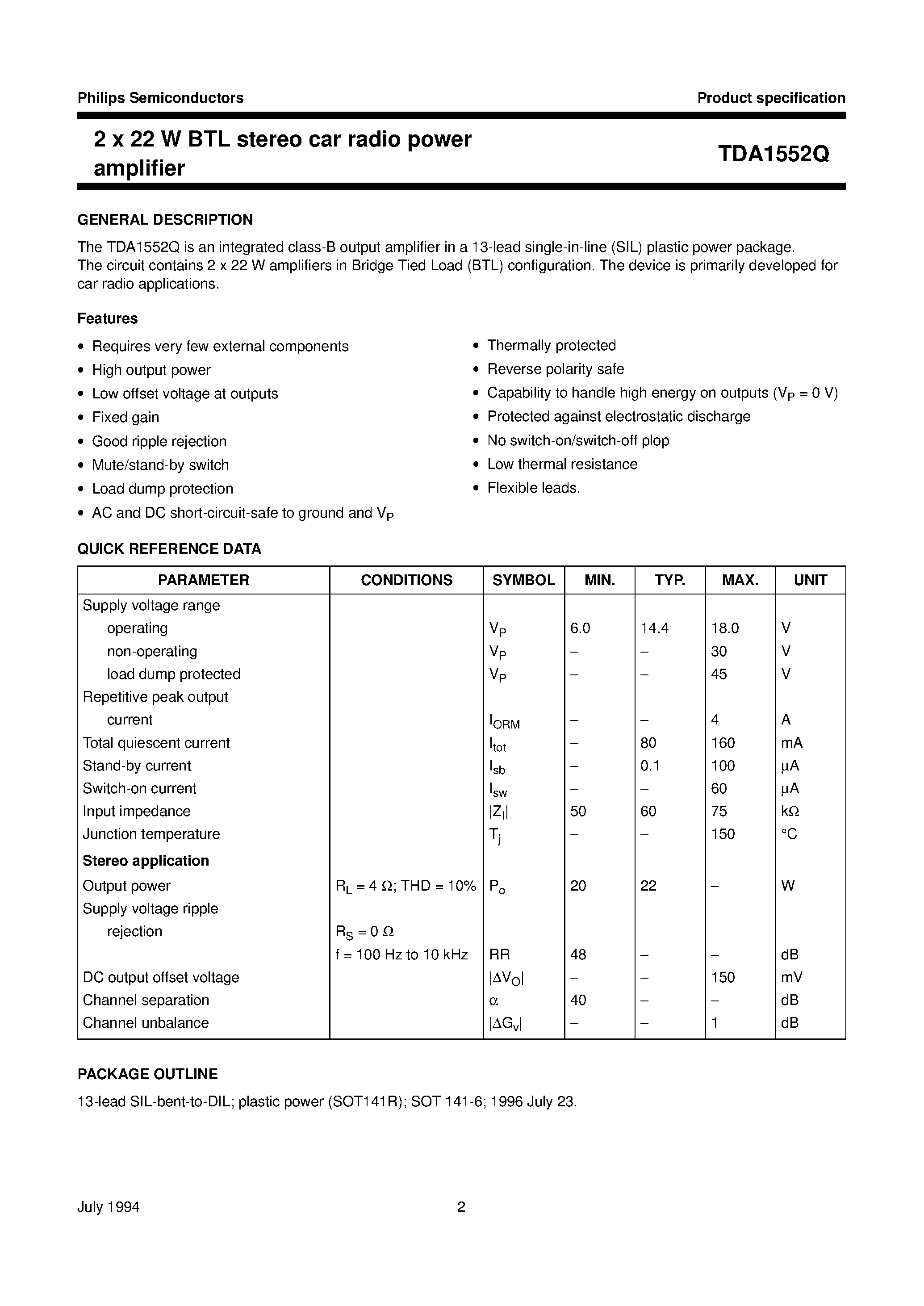 Datasheet TDA1552Q page 2 Datasheet TDA1552Q - 2 x 22 W BTL stereo car radio power amplifier page 2