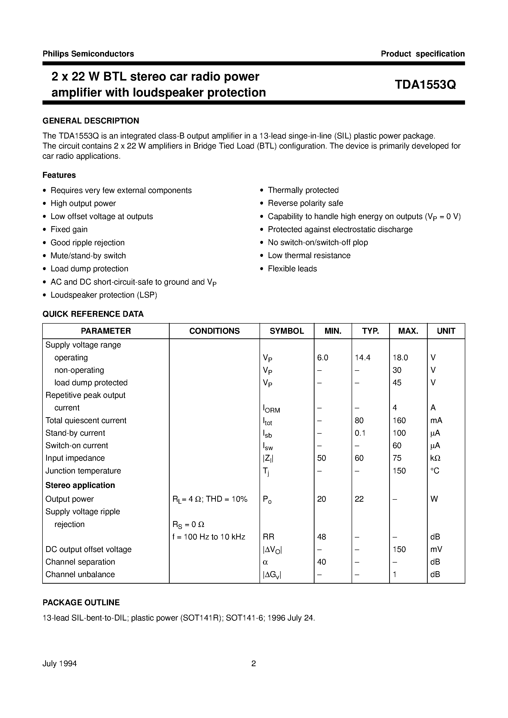 Datasheet TDA1553Q page 2 Datasheet TDA1553Q - 2 x 22 W BTL stereo car radio power amplifier with loudspeaker protection page 2