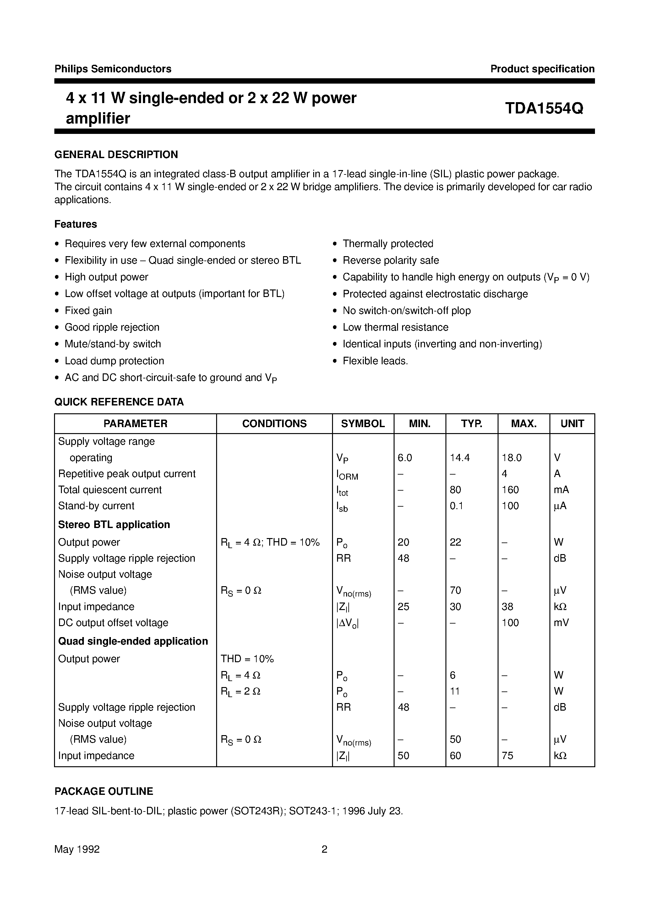 Datasheet TDA1554 page 2 Datasheet TDA1554 - 4 x 11 W single-ended or 2 x 22 W power amplifier page 2