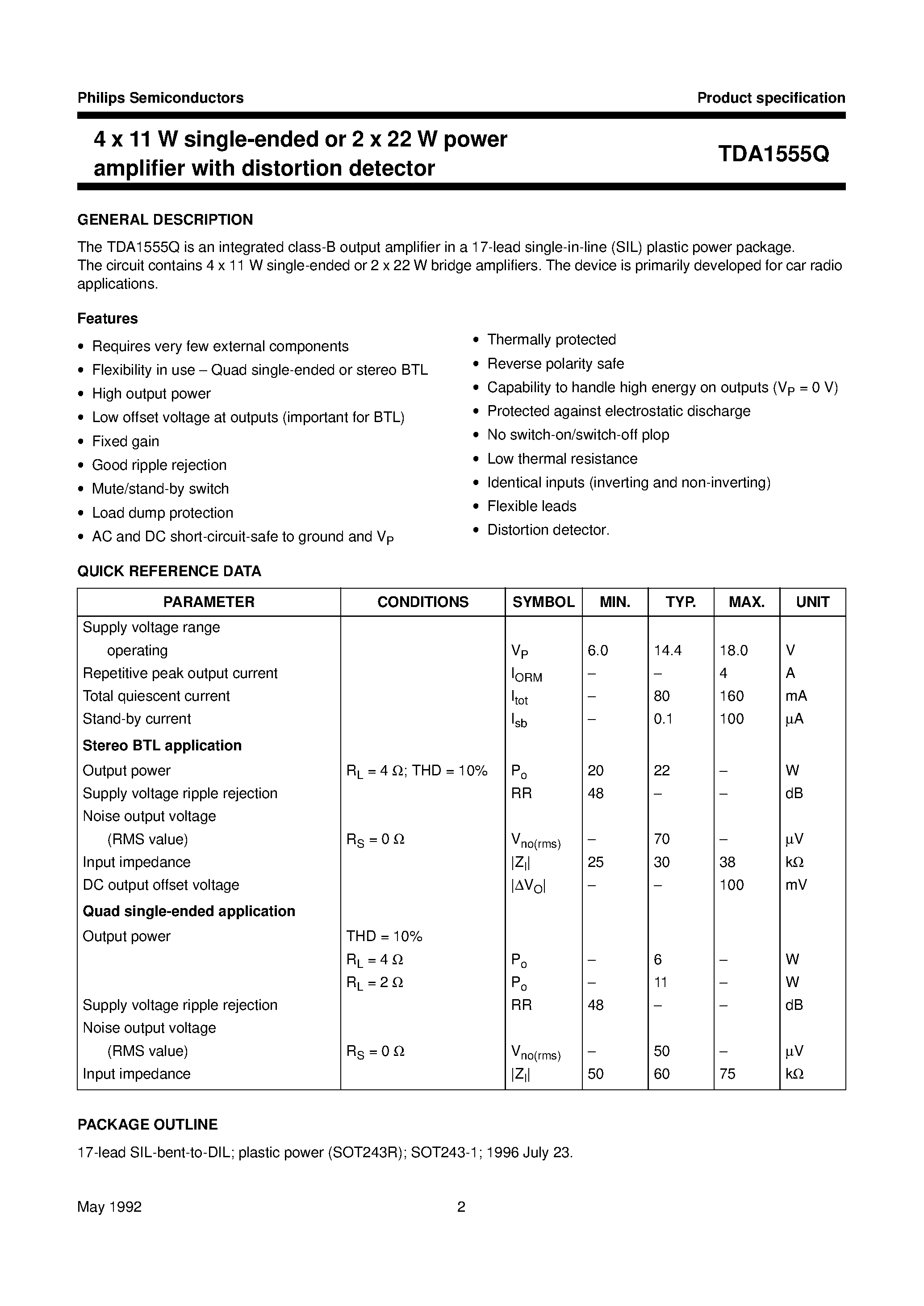Datasheet TDA1555Q page 2 Datasheet TDA1555Q - 4 x 11 W single-ended or 2 x 22 W power amplifier with distortion detector page 2