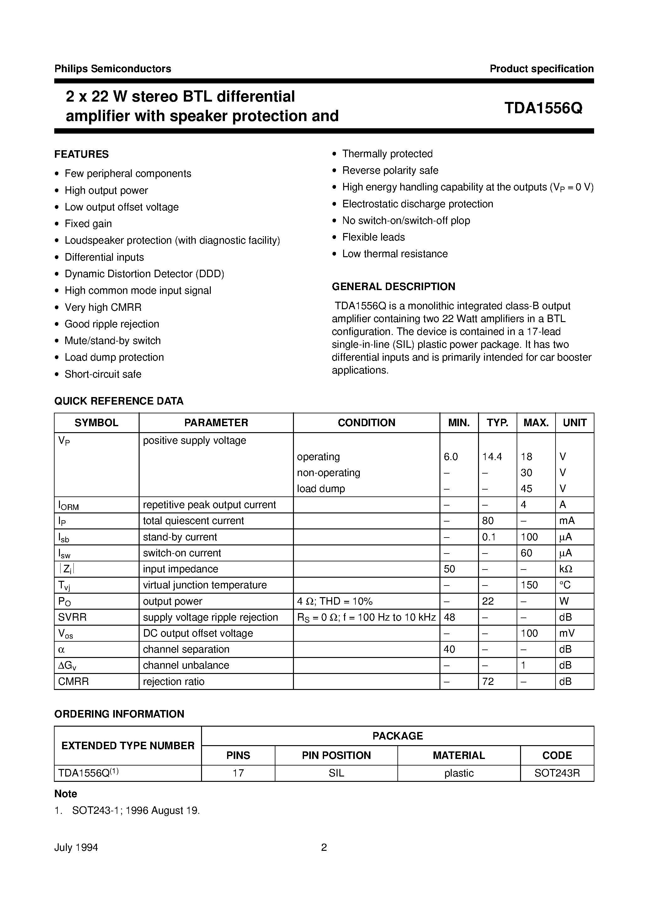 Datasheet TDA1556 page 2 Datasheet TDA1556 - 2 x 22 W stereo BTL differential amplifier with speaker protection and dynamic distortion detector page 2