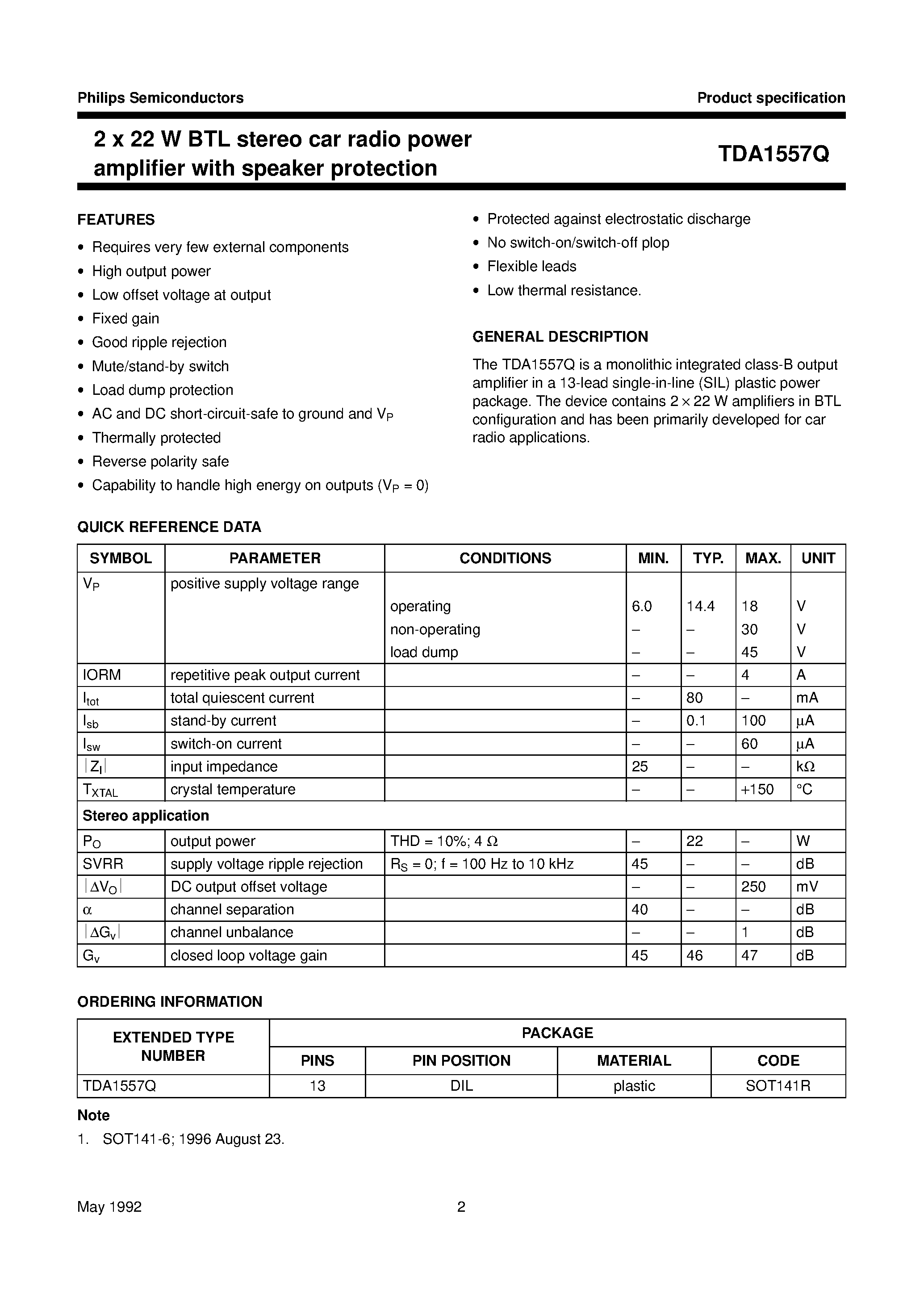 Datasheet TDA1557Q page 2 Datasheet TDA1557Q - 2 x 22 W BTL stereo car radio power amplifier with speaker protection page 2