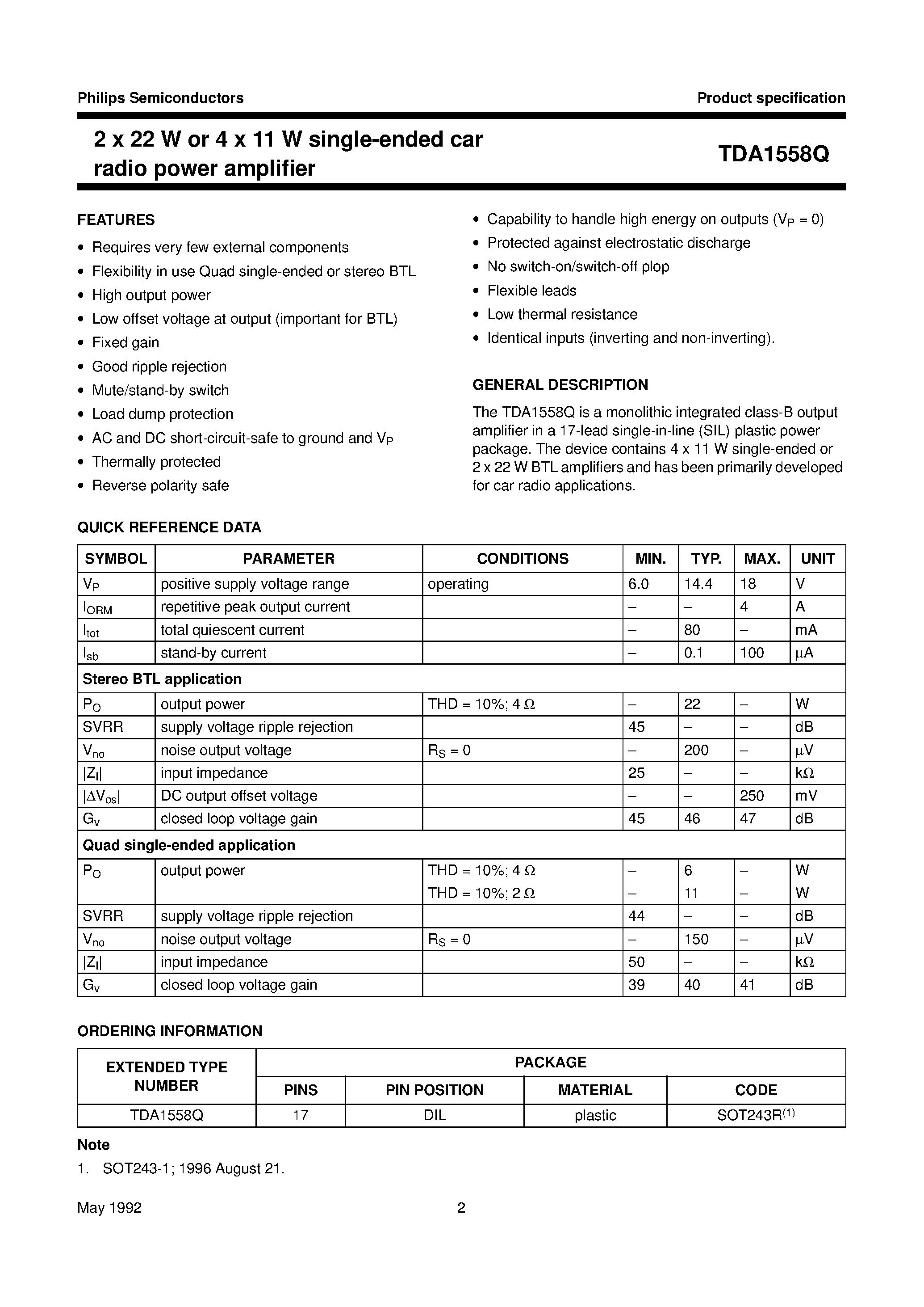 Datasheet TDA1558Q page 2 Datasheet TDA1558Q - 2 x 22 W or 4 x 11 W single-ended car radio power amplifier page 2