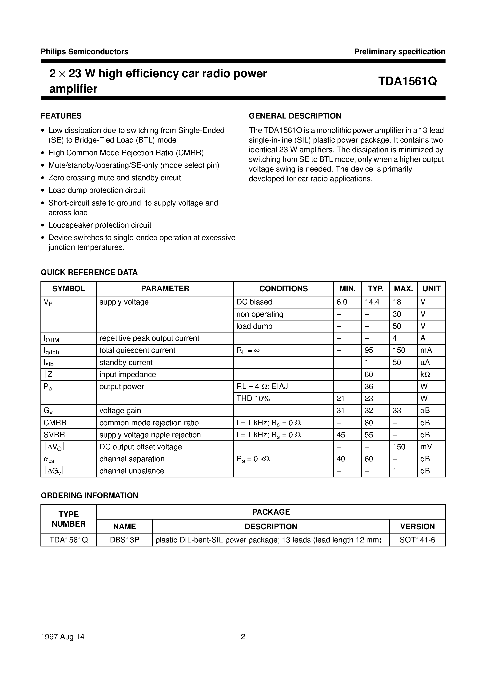 Datasheet TDA1561Q page 2 Datasheet TDA1561Q - 2 x 23 W high efficiency car radio power amplifier page 2
